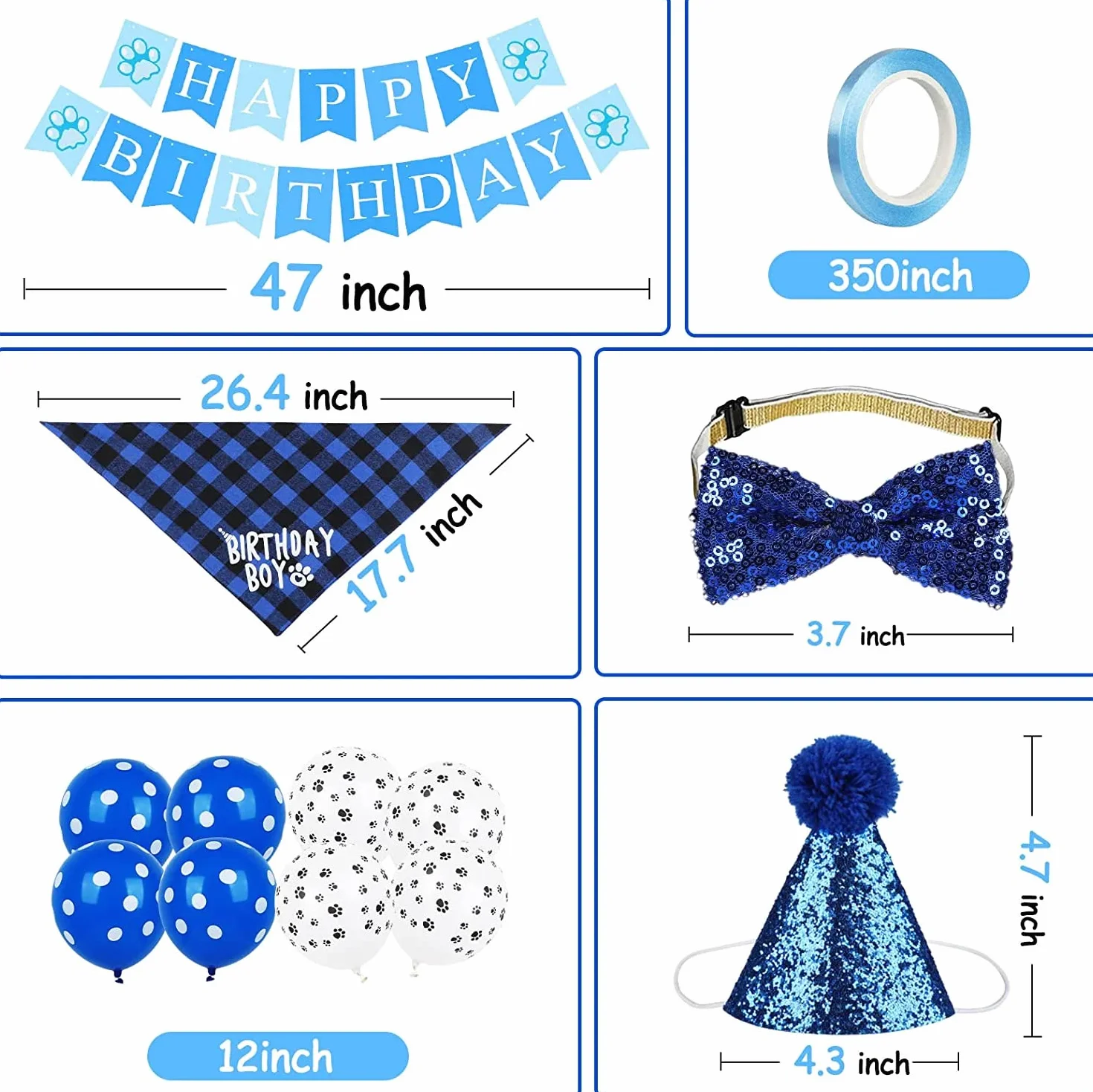 Boxgear Akcesoria na imprezę urodzinową psa, kapelusz bandana, zestaw banerów, WOOF, balony Happy Birthday, akcesoria na imprezę urodzinową dla zwierząt domowych, szczeniaków, kotów