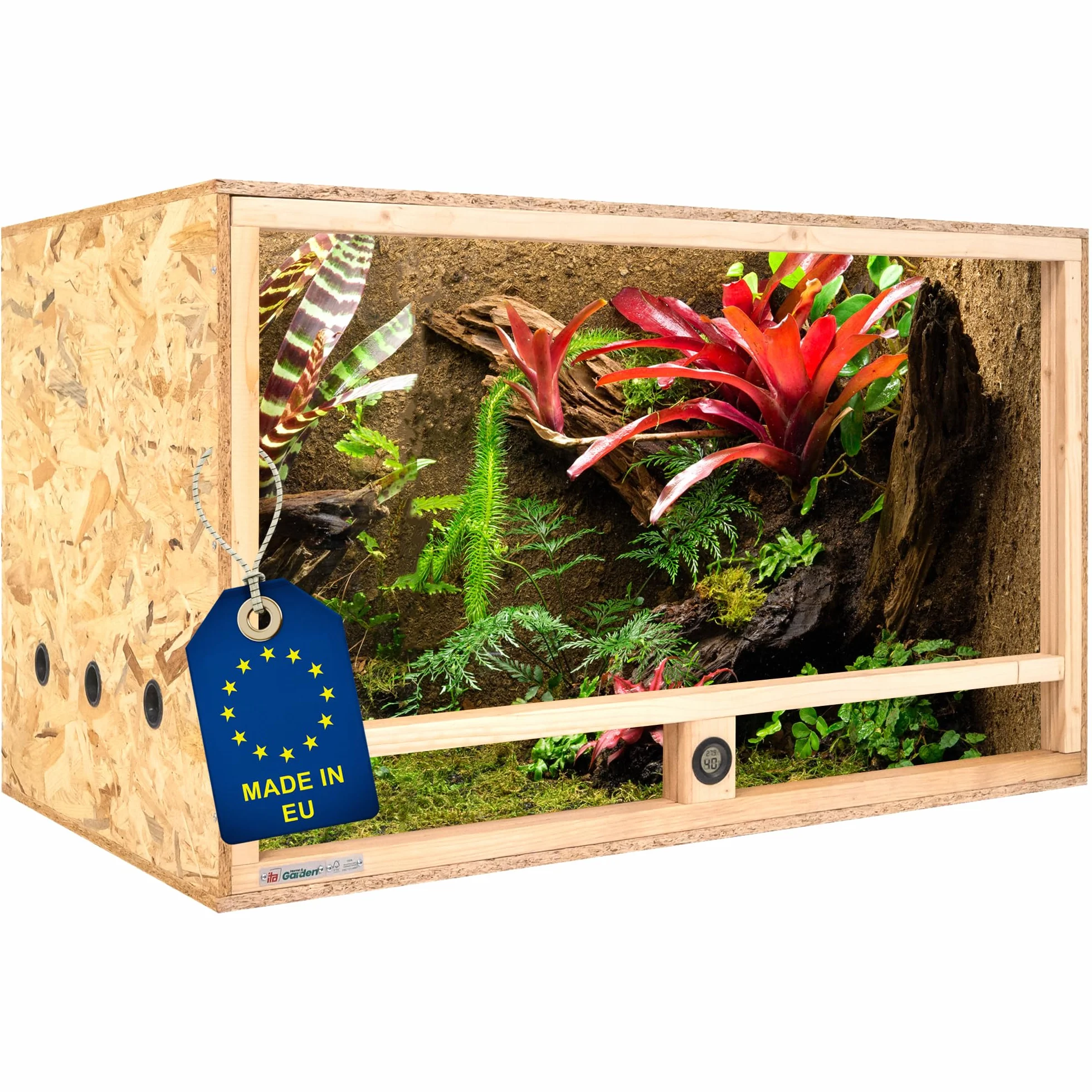 ITA Drewniane terrarium 100 x 60 x 60 cm ze zintegrowaną wentylacją i higrometrem, drewniane terrarium OSB-3, dla gadów, węży, płazów - produkt UE, certyfikat FSC