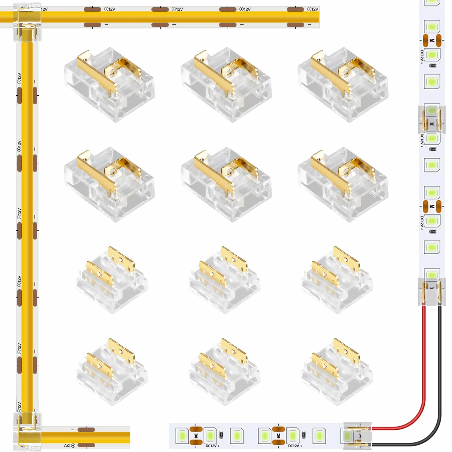12 sztuk łączników narożnych LED, 2-biegunowe 8 mm L/T LED, bez ciemnej strefy, do 2835/3528 LED i 2-biegunowych COB LED