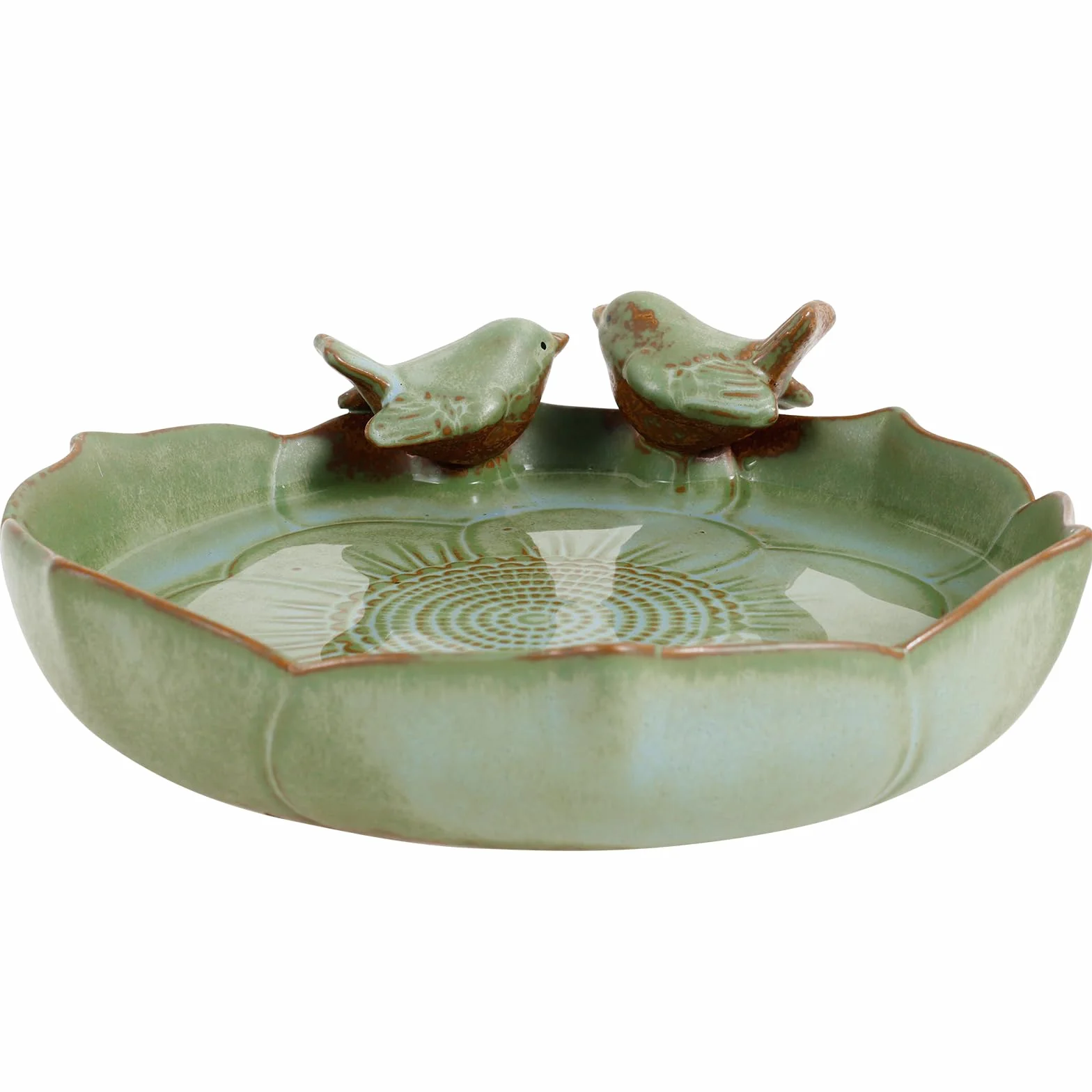 Poidło dla ptaków, odporne na zimę, okrągłe, 24 cm, ceramiczne, glazurowane, z 2 dekoracyjnymi ptakami, poidło dla ptaków w stylu vintage, do ogrodu, na taras, balkon i trawnik
