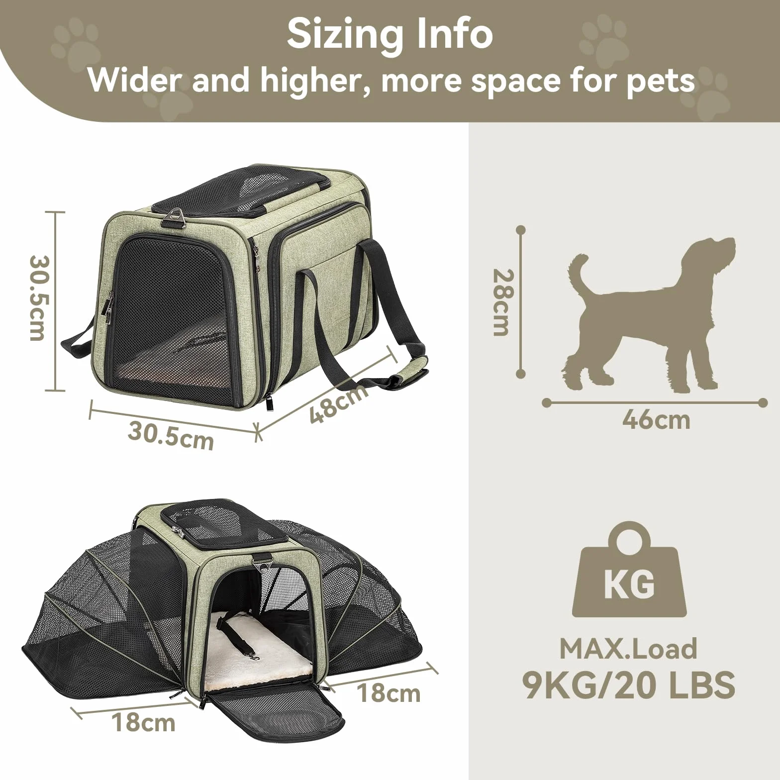 Petsfit Składana torba transportowa dla kotów i psów, rozszerzalna, z paskiem na ramię, torba lotnicza, tkanina Oxford, dwustronna