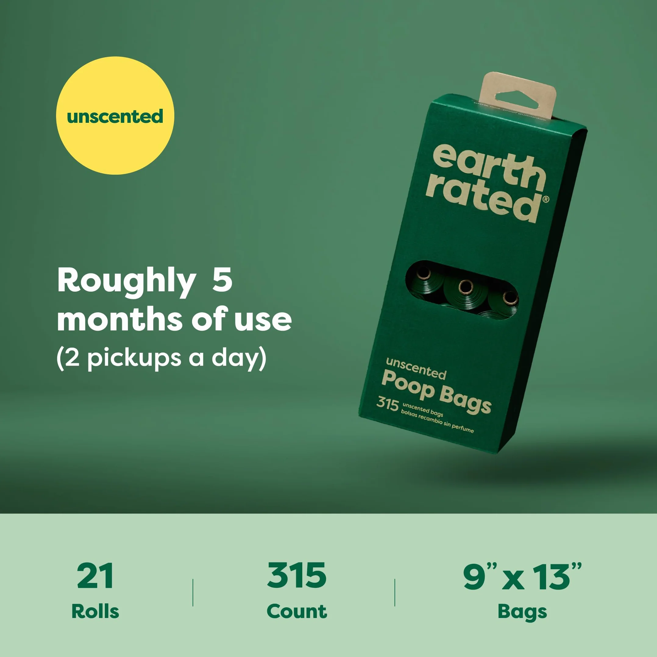 Earth Rated Woreczki na Psie Odchody, Gwarantowane Szczelne i Bardzo Grube Worki na Odpady Pojedyncze Rolki Uzupełniające Dla Psów, Bezzapachowe, 315 Sztuk