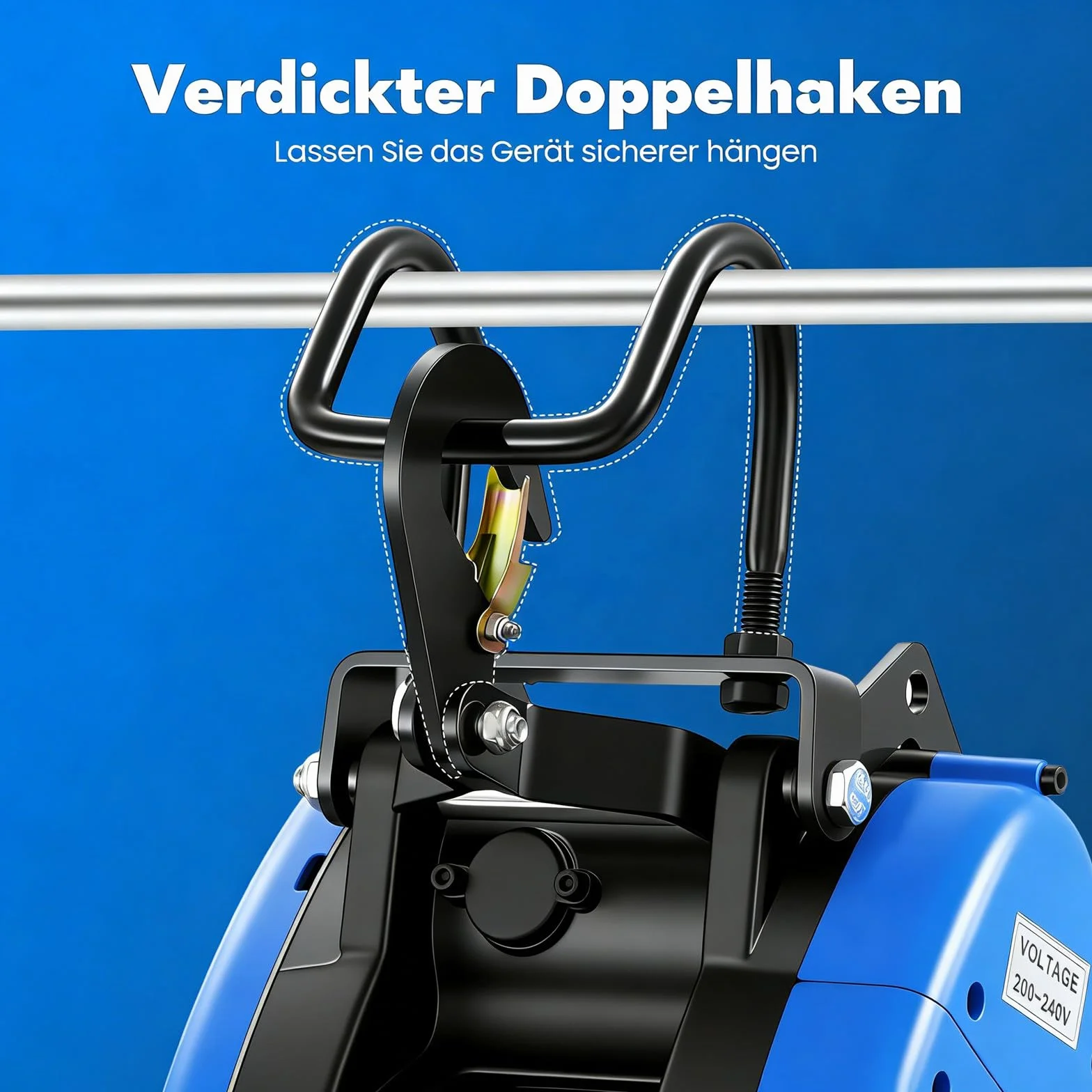 Mobilna wciągarka elektryczna 230 V, 250 kg, nośność 19 m/min, bezprzewodowy pilot zdalnego sterowania (100 m), z bateriami, uchwyt sterujący kablem 1500 W, wysokość podnoszenia 29 m, linka druciana