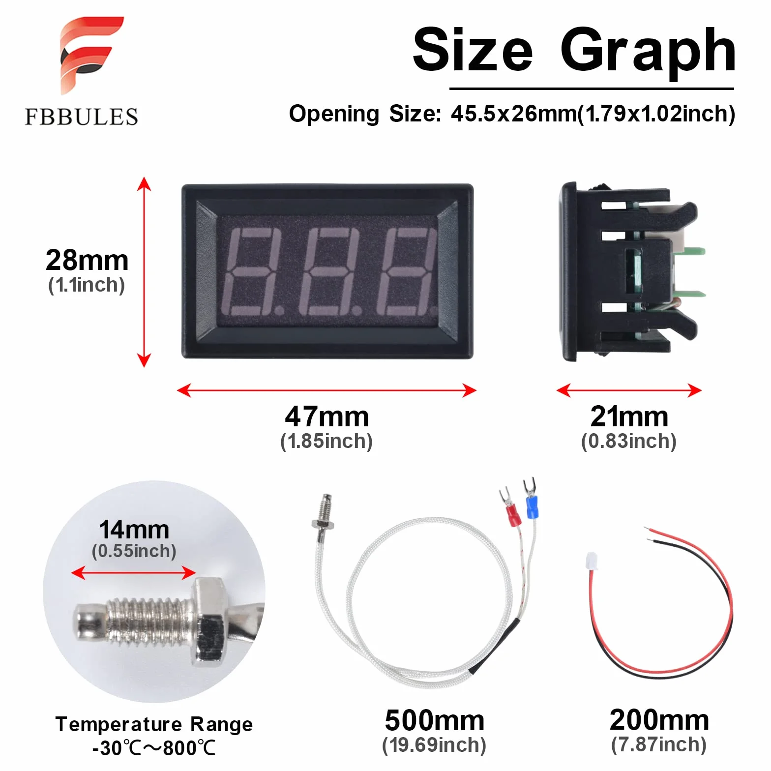 Termometr Cyfrowy DC 12V LED Przemysłowy z Sondą Termopary Typu-K -30～800℃ Wodoodporny Czerwony
