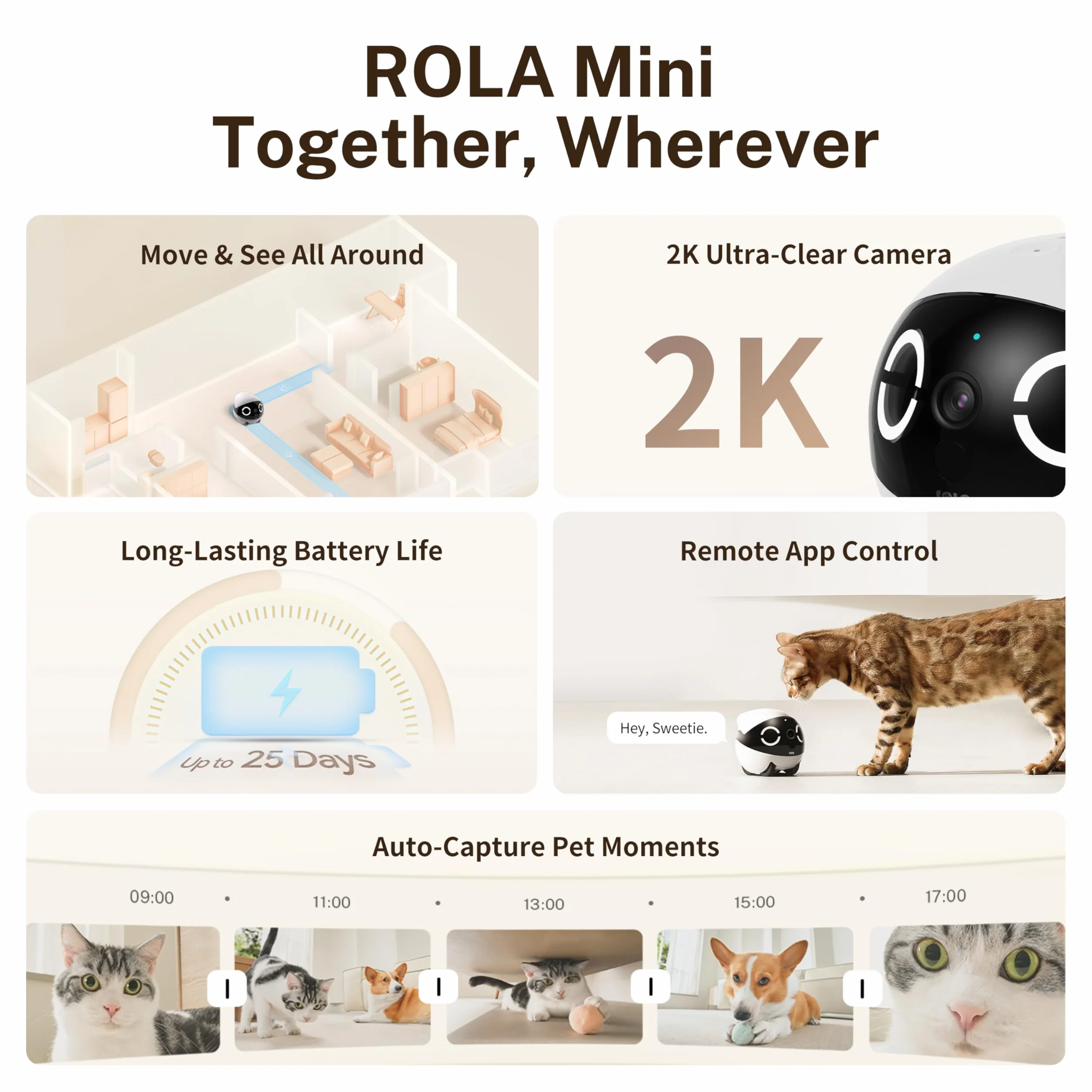 Enabot EBO ROLA Mini FamilyBot, kamera domowa 2K dla zwierząt, mobilna kamera wewnętrzna z akumulatorem i aplikacją telefoniczną, jedno-dotykowe połączenie, 2-drożne audio, podczerwień, noktowizor