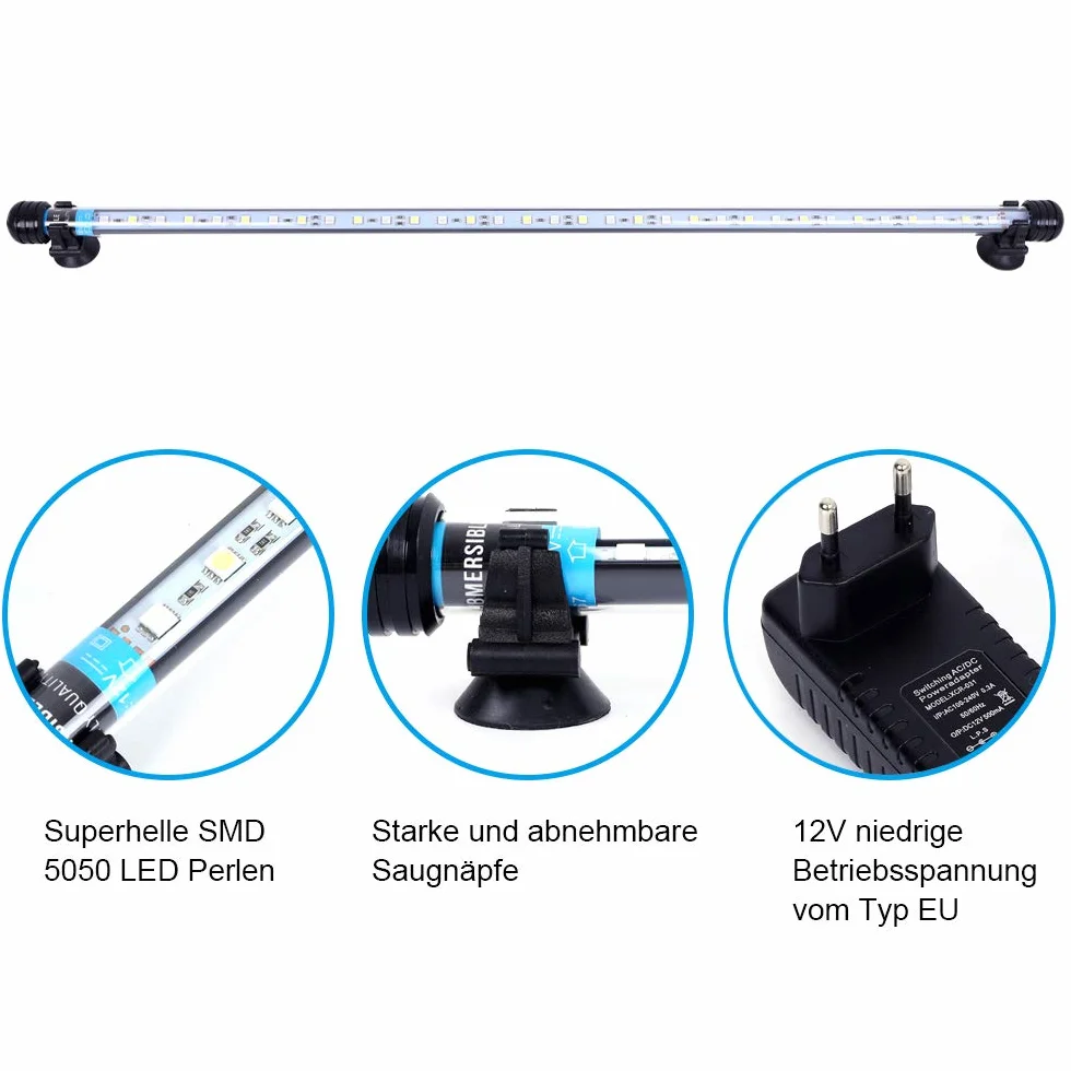 VARMHUS LED 18-112 cm do akwarium akwarium światło odporne na pranie akwarium napowietrzanie, lampa Stecker EU Unterwasser LED Listwy świetlne (biały i niebieski, 71 cm)