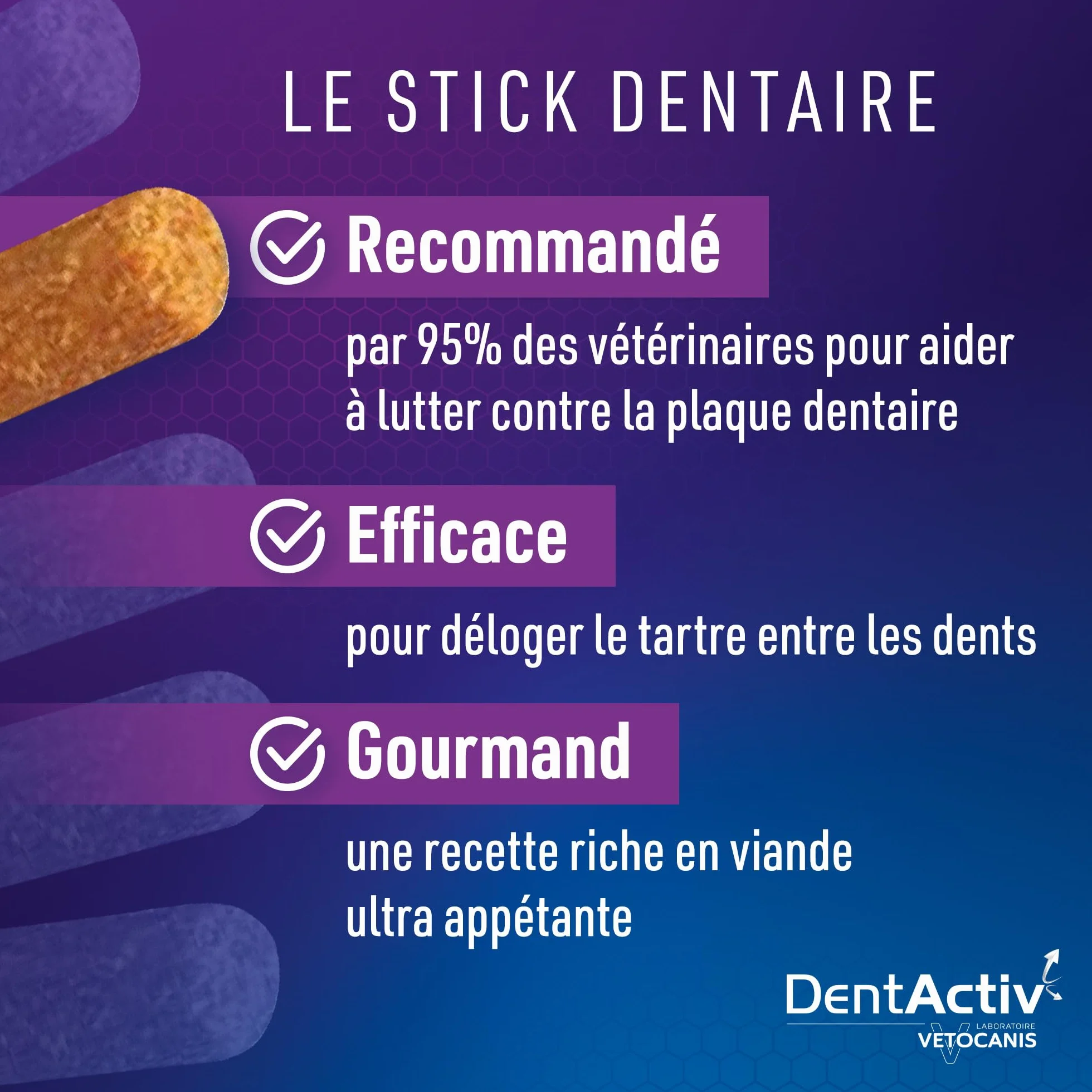 Vetocanis | Dentactiv | Stick Dental Cat | Przysmaki dla smakoszy dla kotów | Zdrowie i higieny kota | Bogate w mięso | 85% kurczaka | polecany przez weterynarzy | System przeciw płytkom