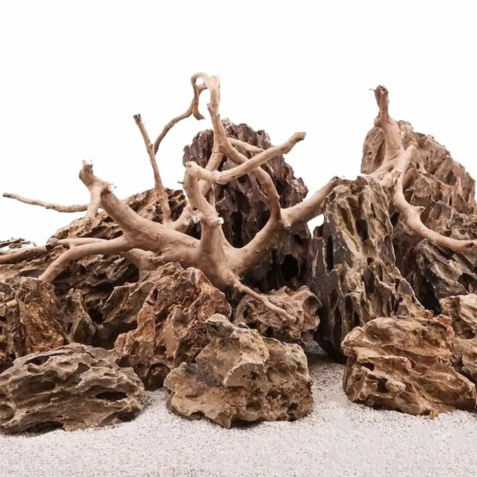 AquaOne Kamienie do akwarium, zestaw kamieni smoczych z korzeniem W0, 15 x smok, kamienie naturalne ok. 10 kg i korzeń Mooku, skały do aquascapingu, dekoracja tylna ścianka
