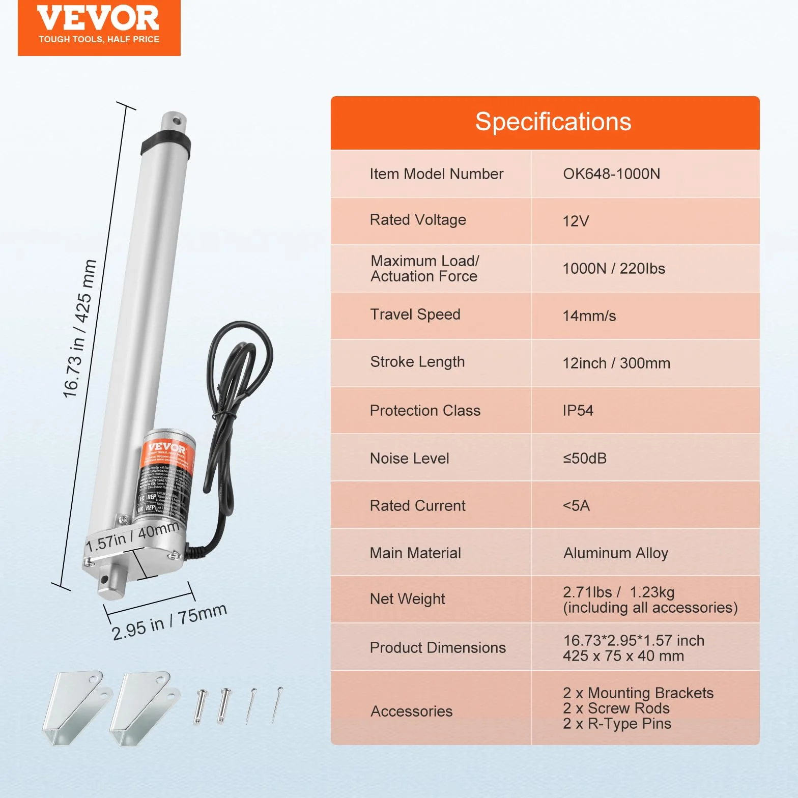 VEVOR Napęd liniowy 1000 N DC 12 V IP54 300 mm elektryczny siłownik liniowy