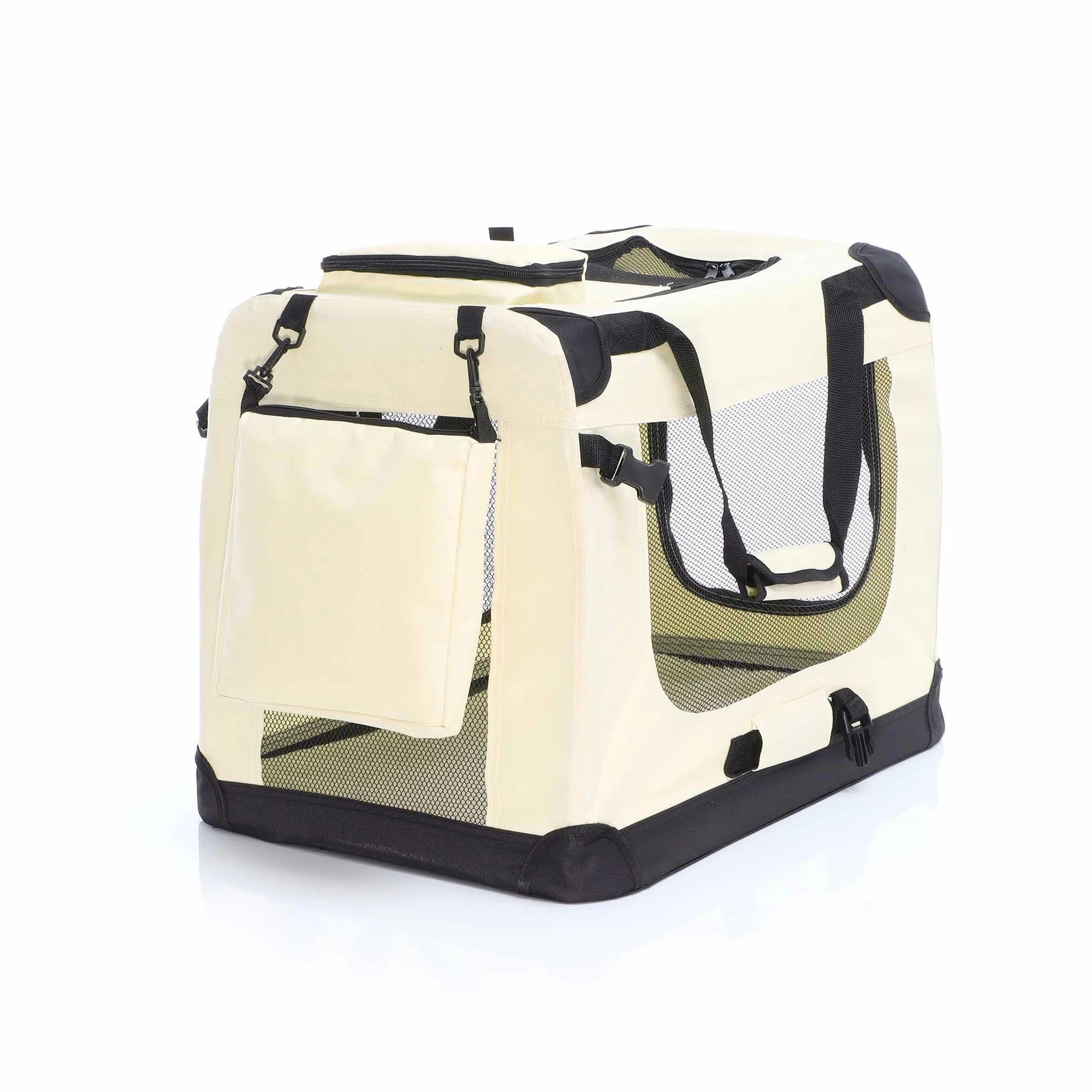 Fudajo Składany transporter dla psa i kota M (60x42x44 cm) beżowy, klatka transportowa z poduszką, lekka torba do samochodu dla zwierząt do max. 10 kg