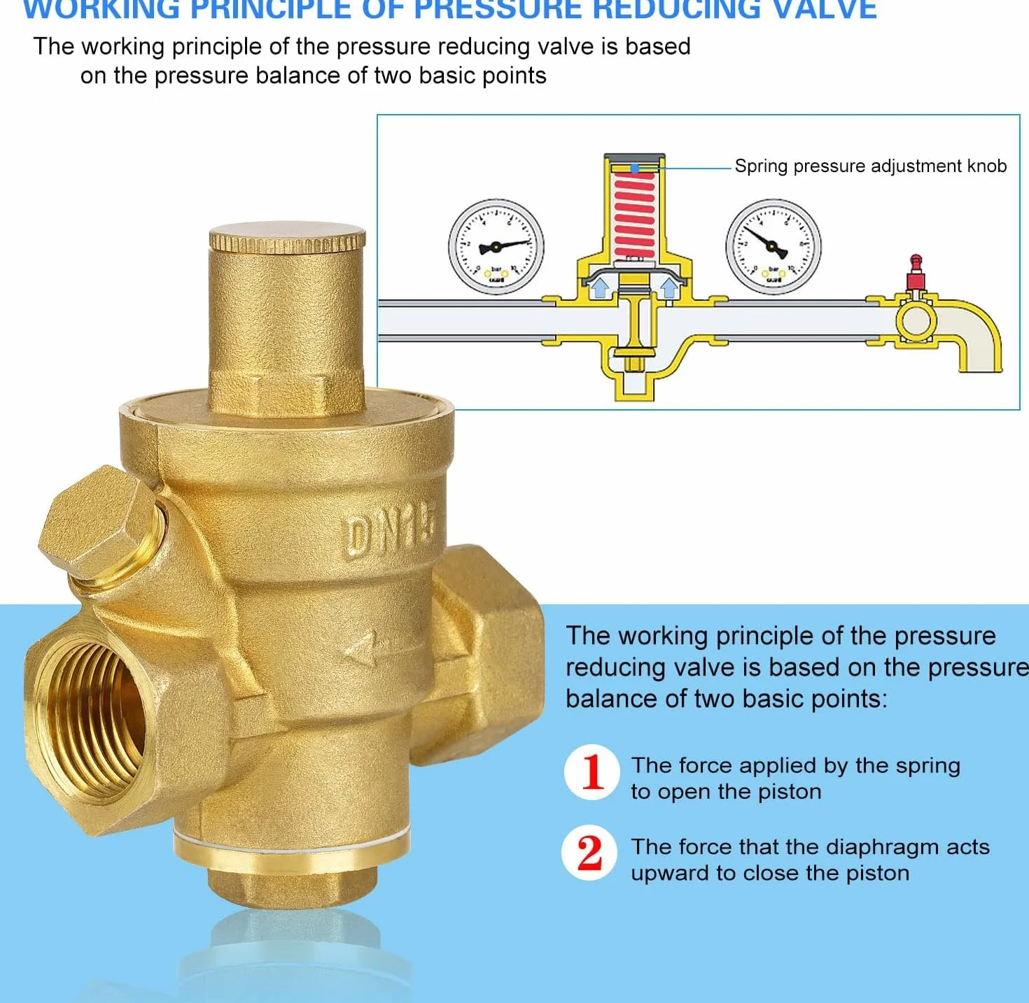 Mosiężny zawór redukujący ciśnienie DN15 z miernikiem, regulator ciśnienia