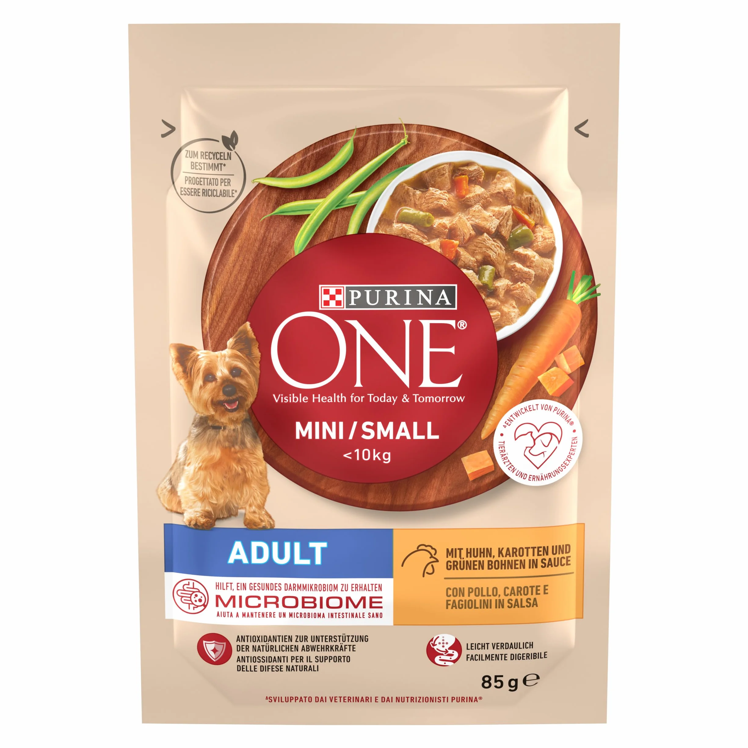 PURINA ONE Mini/Small Adult mokra karma dla małych psów, bogata w kurczaki i warzywa, 26 sztuk (26 x 85 g)