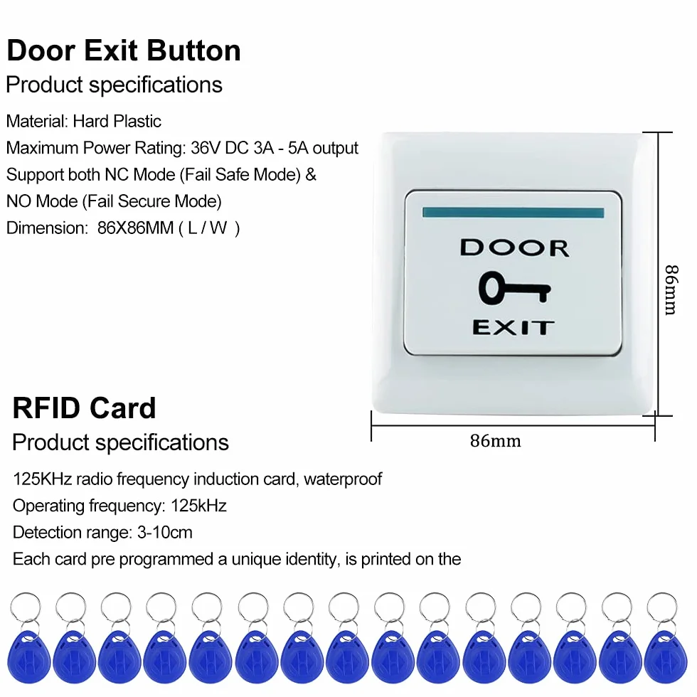 KUMU 7612 Zewnętrzny wodoodporny system kontroli dostępu do drzwi RFID, metalowa klawiatura, 180 kg, zamek magnetyczny, osłona przeciwdeszczowa, przycisk wyjścia, 15 breloków do domu, biura, czarna