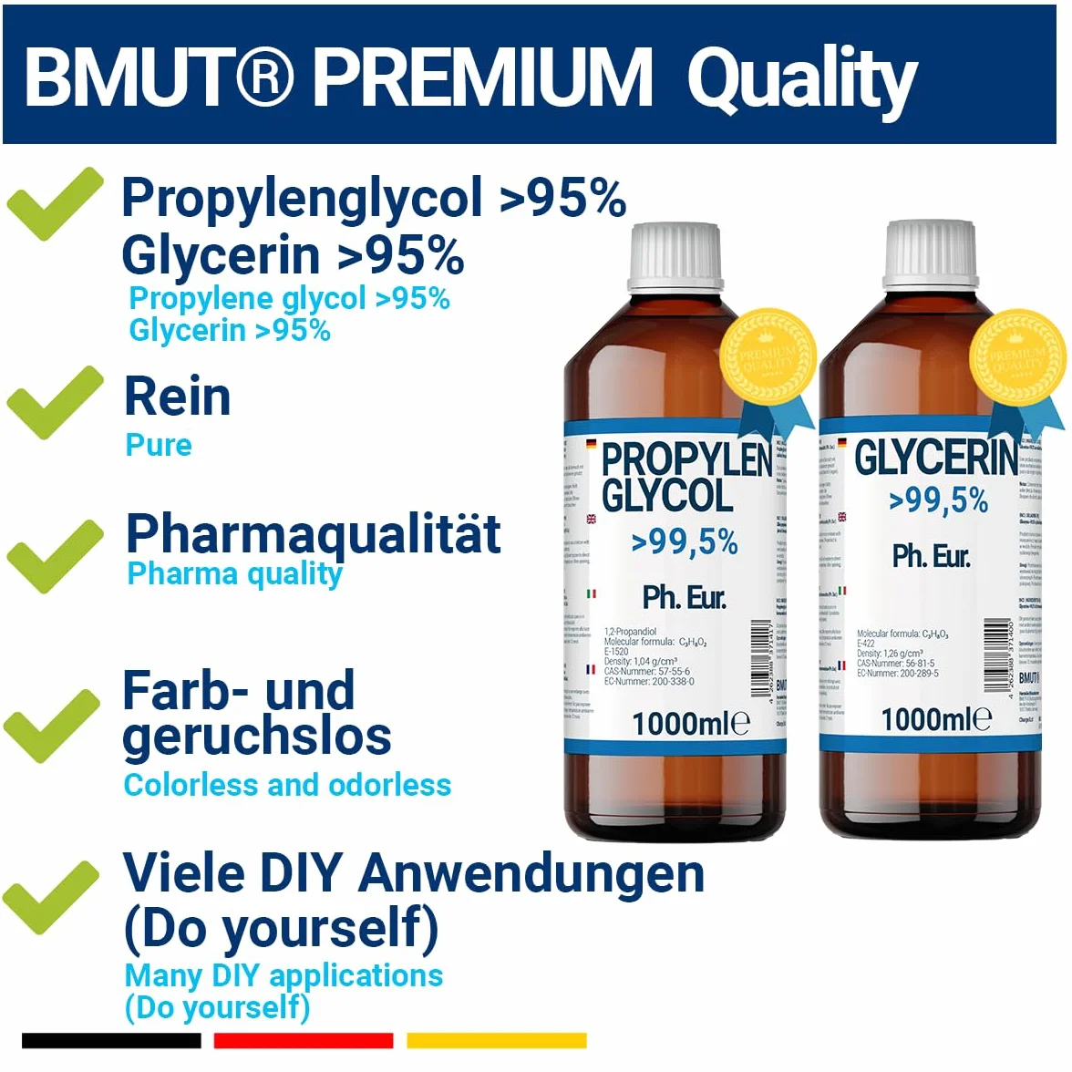 1000ml gliceryna + 1000ml glikolu propylenowego jakości farmaceutycznej | >99,5% | Czysty | E422 + E1520 DIY