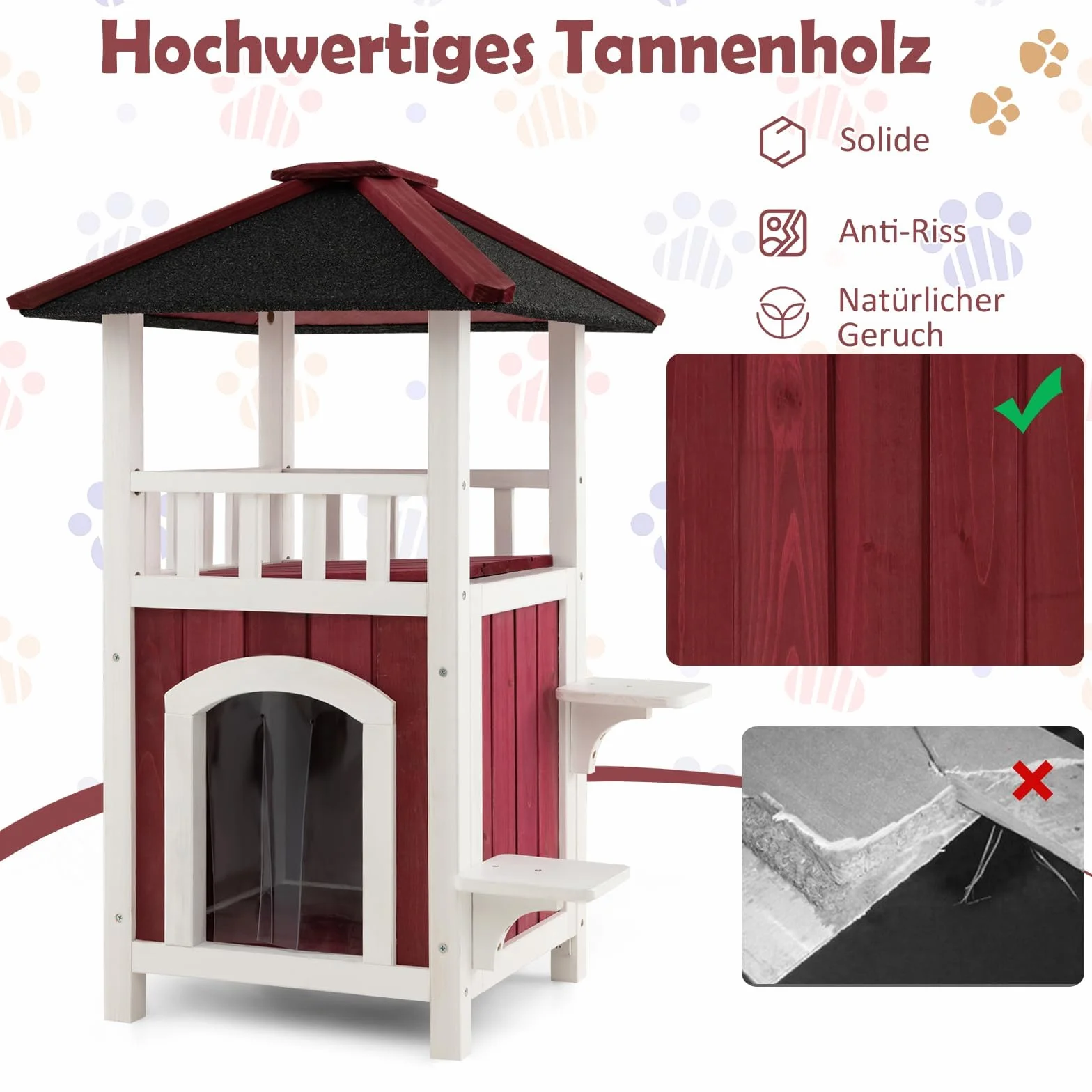 COSTWAY Domek outdoorowy, odporny na zimę, dla kotów z 2 poziomami, tarasem, dachem asfaltowym, zasłoną i 2 wieżami do skakania