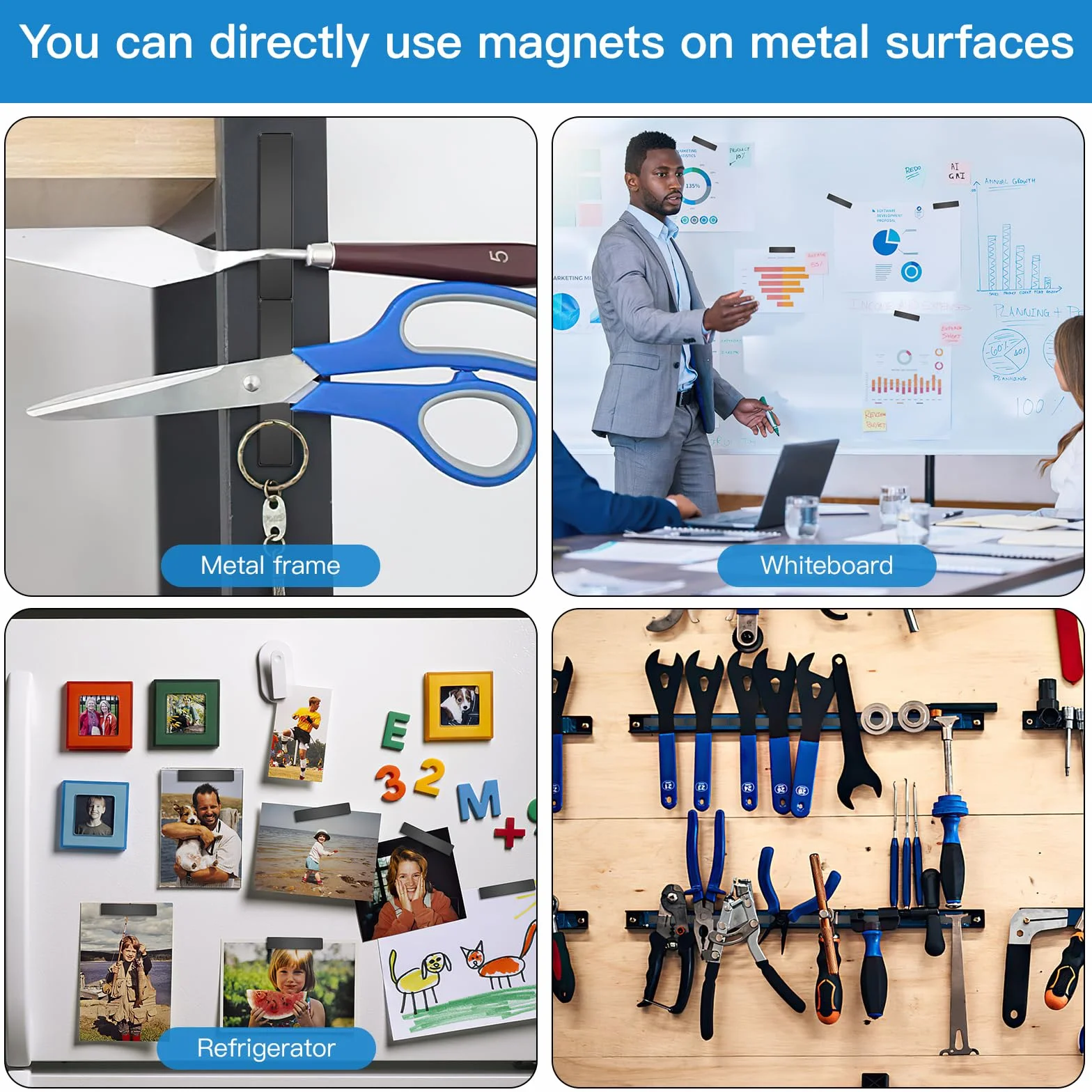 Wukong Mocne magnesy neodymowe 50 x 10 x 3 mm, 4 czarne magnesy z naklejkami, małe prostokątne magnesy neodymowe do kuchni, biura i magazynu