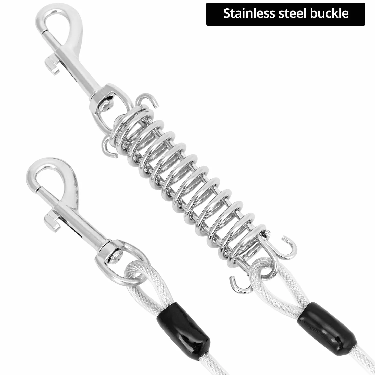 QWORK® Kabel do wiązania dla psa ze sprężyną i haczykiem, wytrzymały łańcuszek dla psa 5 mm, bez plątania 360°, amortyzujący wstrząsy, do biegania, na kemping