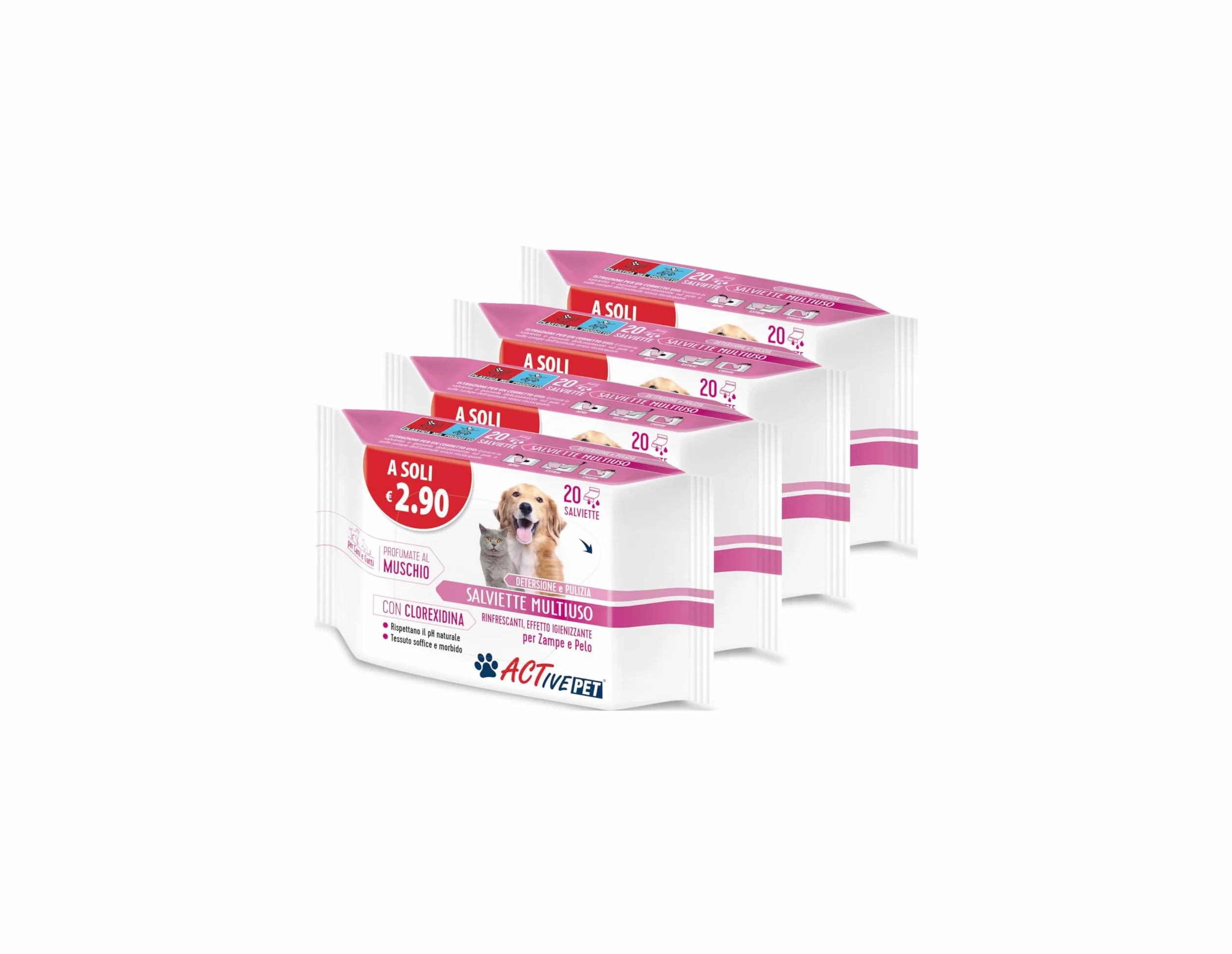 F & F Active Pet Chusteczki wielofunkcyjne z chlorheksydyną, do czyszczenia i czyszczenia sierści psów i kotów, zapachy piżmowe - 1 opakowanie Quadripack 80 śliwek