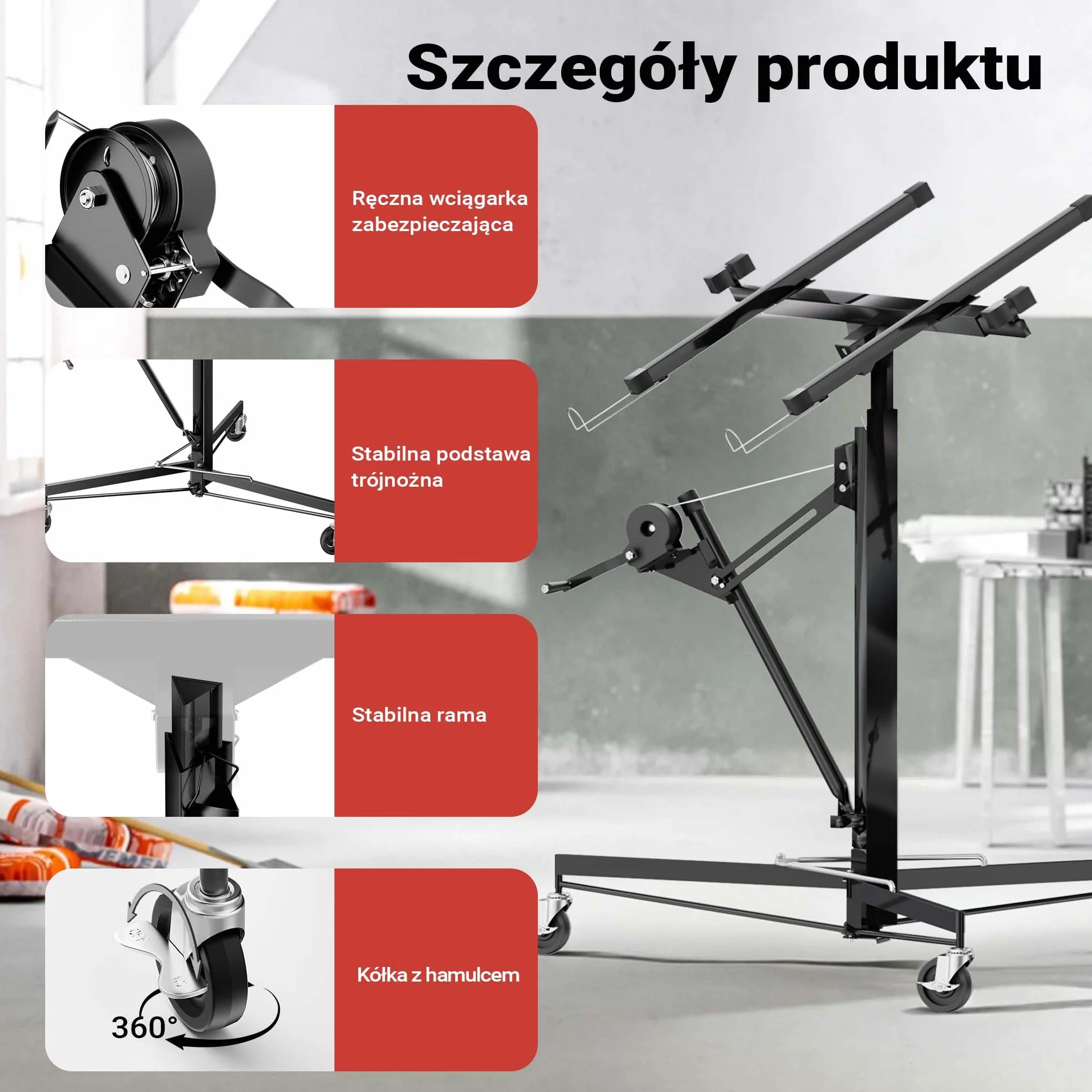 Wiltec Zestaw XXL podnośnik do płyt do maks. 68 kg + 140 cm przedłużenia, wysokość 140-465 cm, maks. szerokość 2,90 m, pomoc w montażu do suchej zabudowy, podnośnik paneli z 3 kółkami, czarny