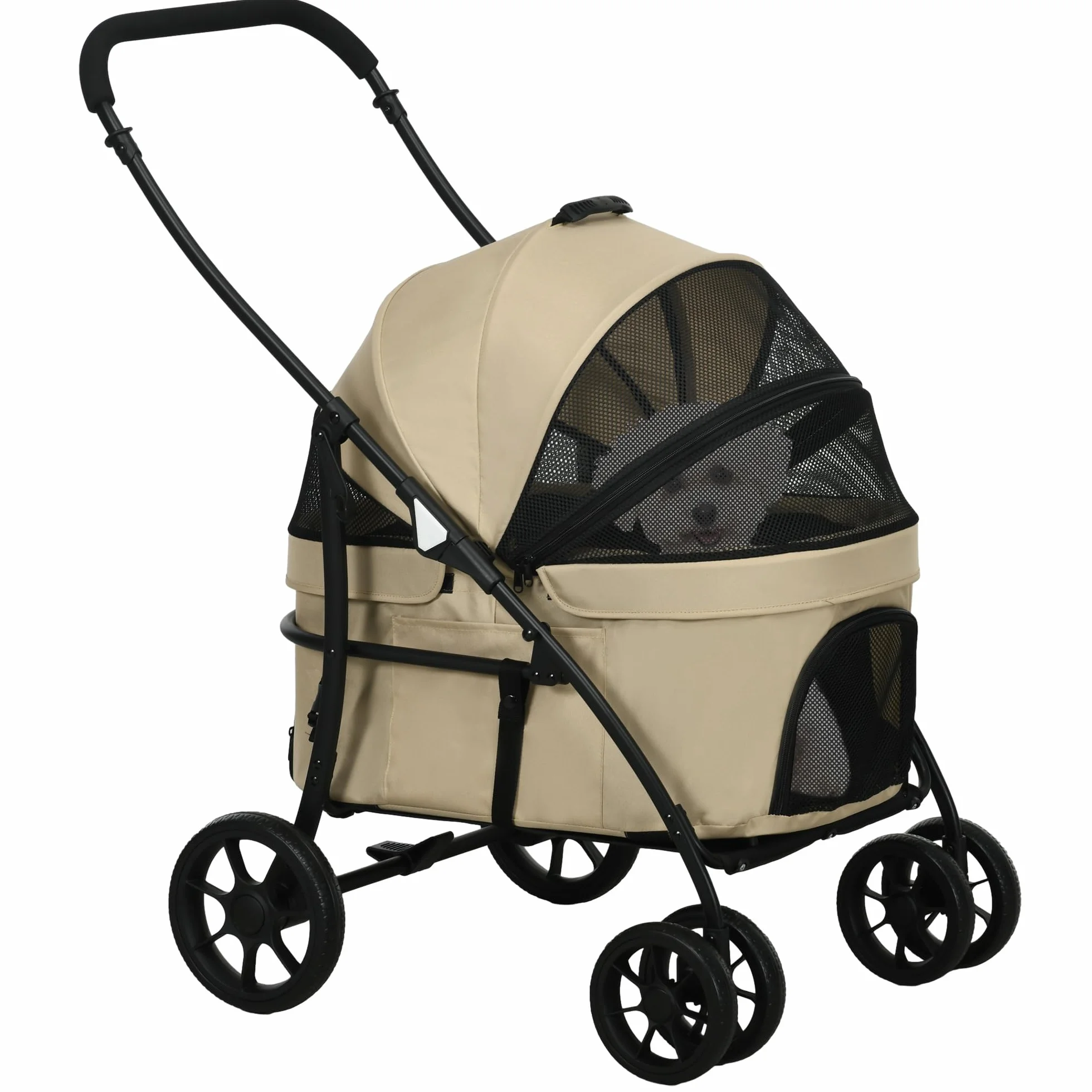 PawHut Wózek dla psa i kota 2 w 1, składany wózek dla kota z wyjmowaną gondolą, poduszką, smycz bezpieczeństwa, do 10 kg, stal 81 x 68 x 98,5 cm, khaki