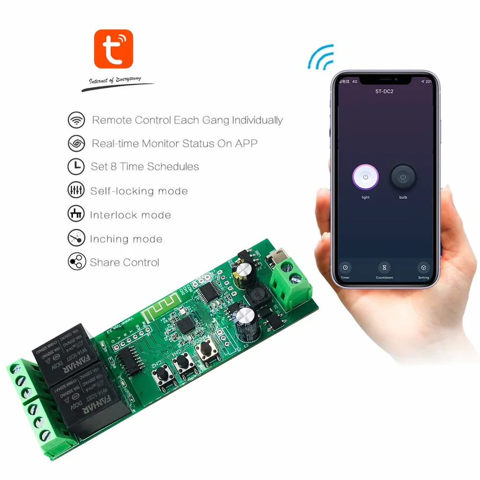 2-kanałowy moduł przekaźnikowy WiFi, TUYA/Smart Life aplikacja do inteligentnego zdalnego sterowania domu, regulacja czasu chwilowego, kompatybilna z Alexa/Google Assistant
