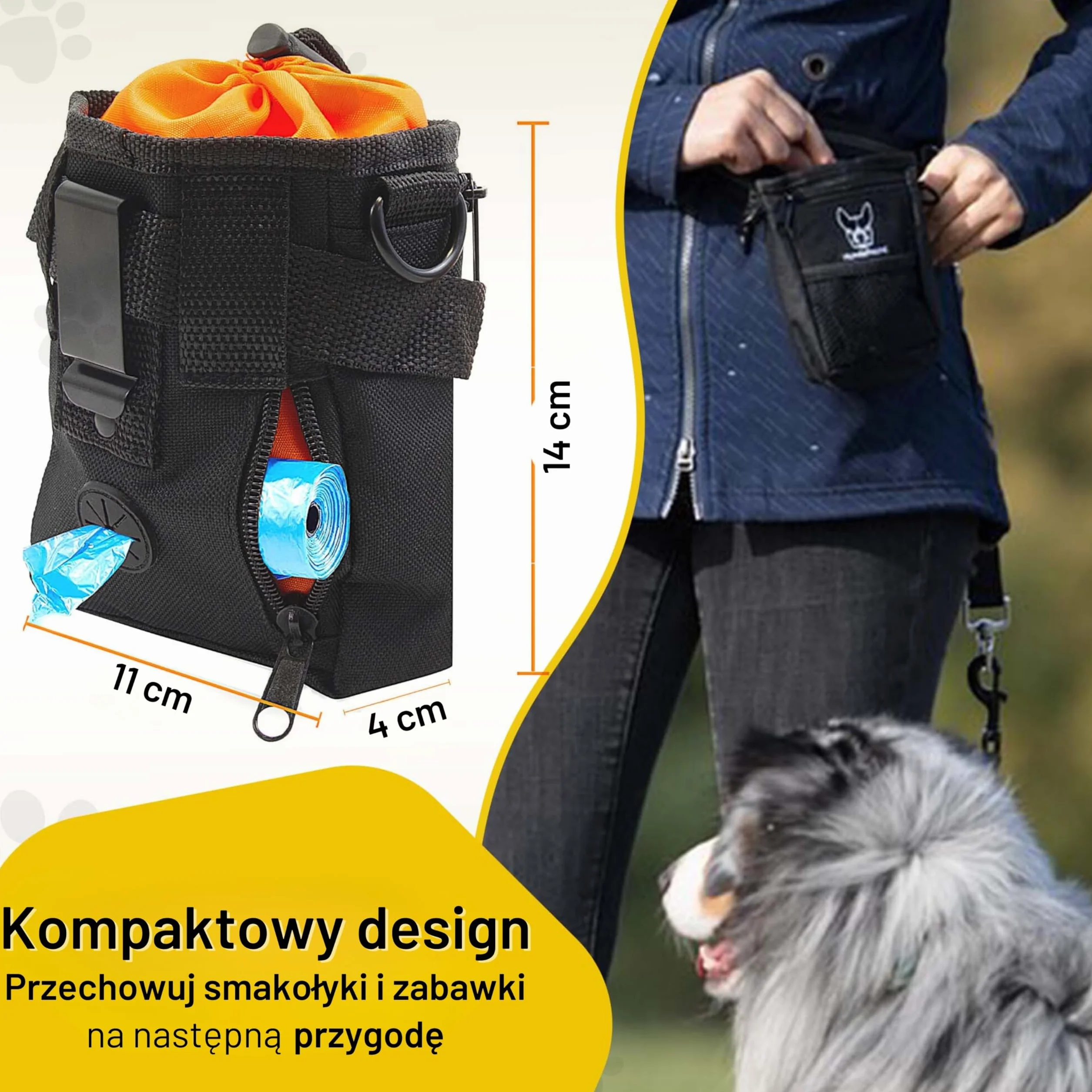 Hundefreund Worek na smakołyki dla psów, mały worek na karmę do treningu z psem i na smakołyki, 4 warianty noszenia z 4 przegródkami (14 x 11 x 4 cm)