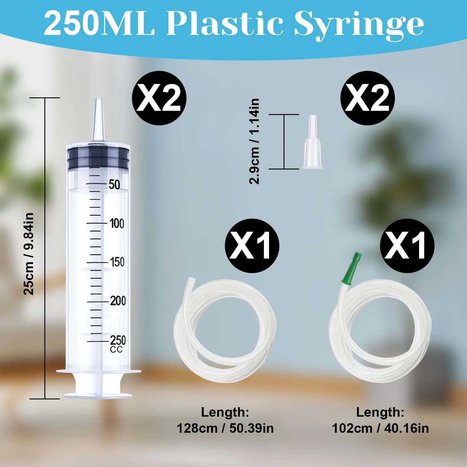 Strzykawki dozujące z tworzywa sztucznego 250 ml uniwersalne z wężem do wielokrotnego użytku