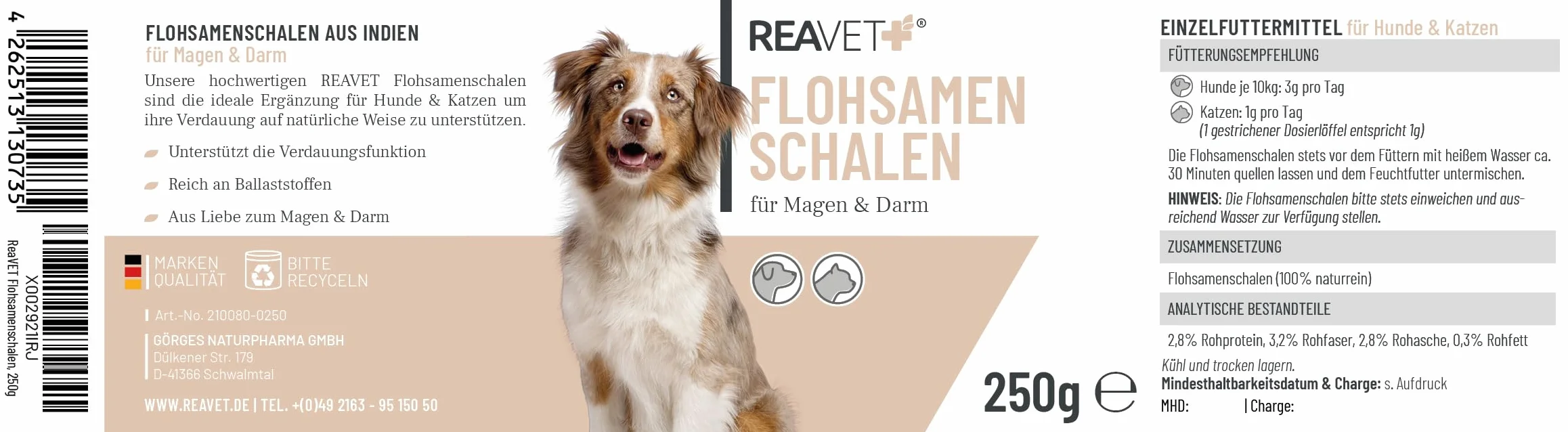 ReaVET Łuski psyllium dla psów i kotów 250 g – naturalne, czyste w jakości premium, bogate w błonnik, bezglutenowe, nasiona pcheł dla psów i kotów w jakości premium, bez dodatków