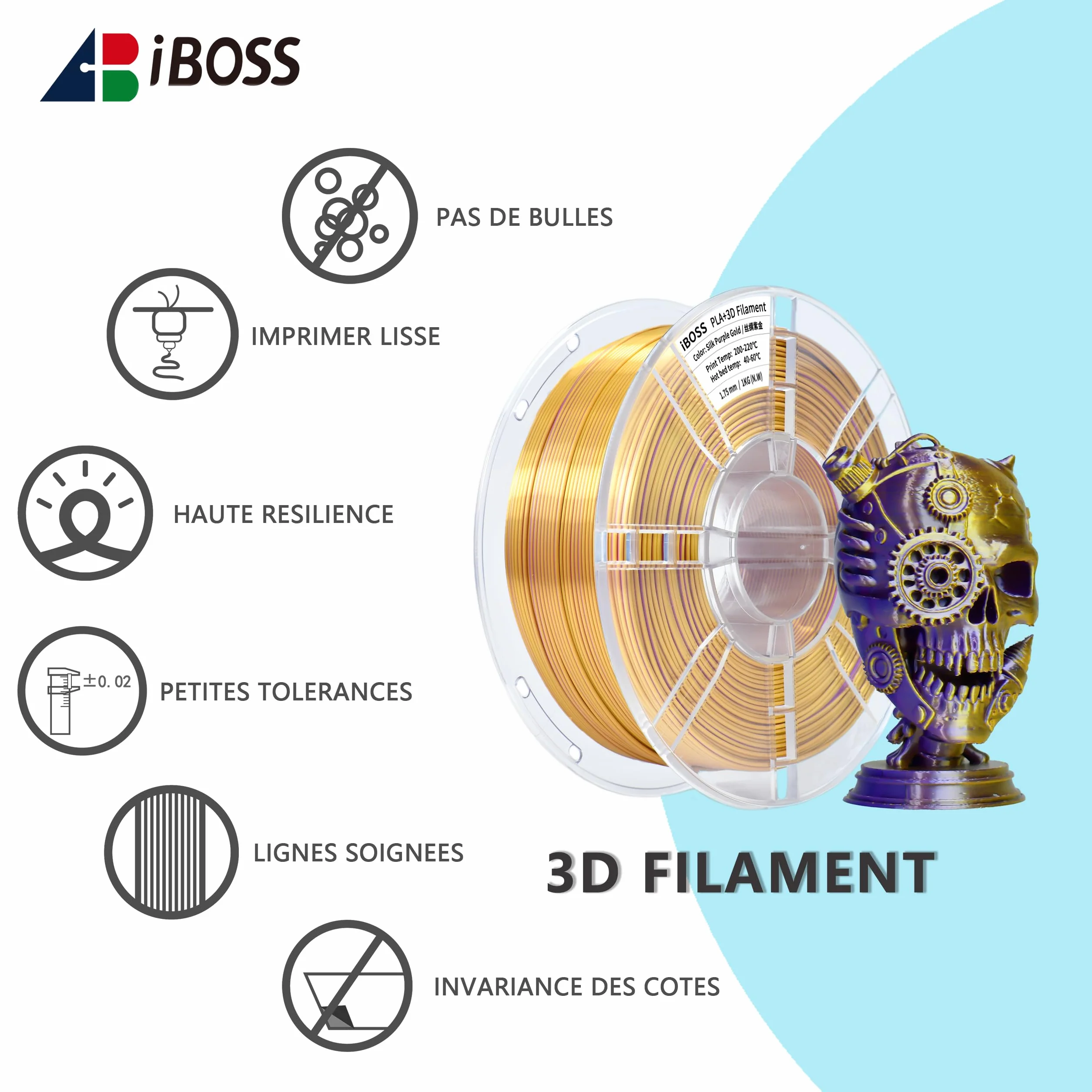 iBOSS Filament do drukarki 3D PLA, żarnik PLA 1,75 mm Dwukolorowy jedwabny filament do drukowania 3D błyszczący współwytłaczanie 1kg (2,2 lbs), dwukolorowy fioletowy złoty