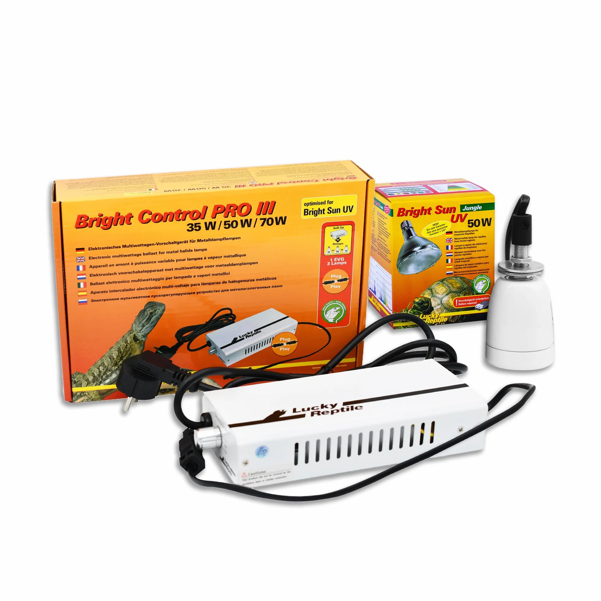 Lucky Reptile Bright Sun UV Jungle kompletny zestaw - Metalowa lampa parowa 50 W z oprawą i statecznikiem - Lampa grzewcza dla gadów z odporną na ciepło oprawą cer. - Wyposażenie terrarium