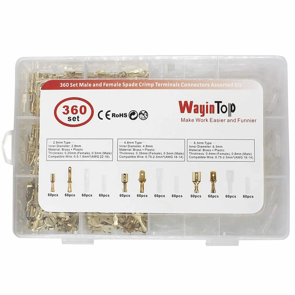 Zestaw 720 sztuk płaskich tulejek wtykowych, 2,8 mm, 4,8 mm, 6,3 mm, męskie, żeńskie, wtyki kablowe, płaskie wtyki, końcówki kablowe, końcówki kablowe, z tuleją izolacyjną