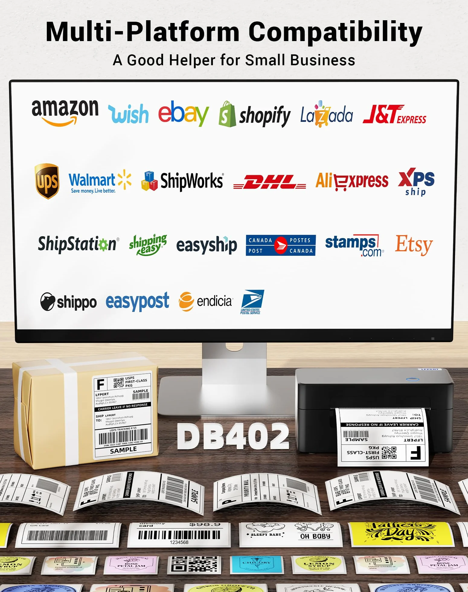 DB402 drukarka etykiet DHL - drukarka termiczna USB do Shopify, Ebay, Etsy, DHL, DPD, GLS, UPS, z 20 etykietami - drukarka etykiet wysyłkowych 4x6 kompatybilna z Windows, Mac, Linux, Chromebook