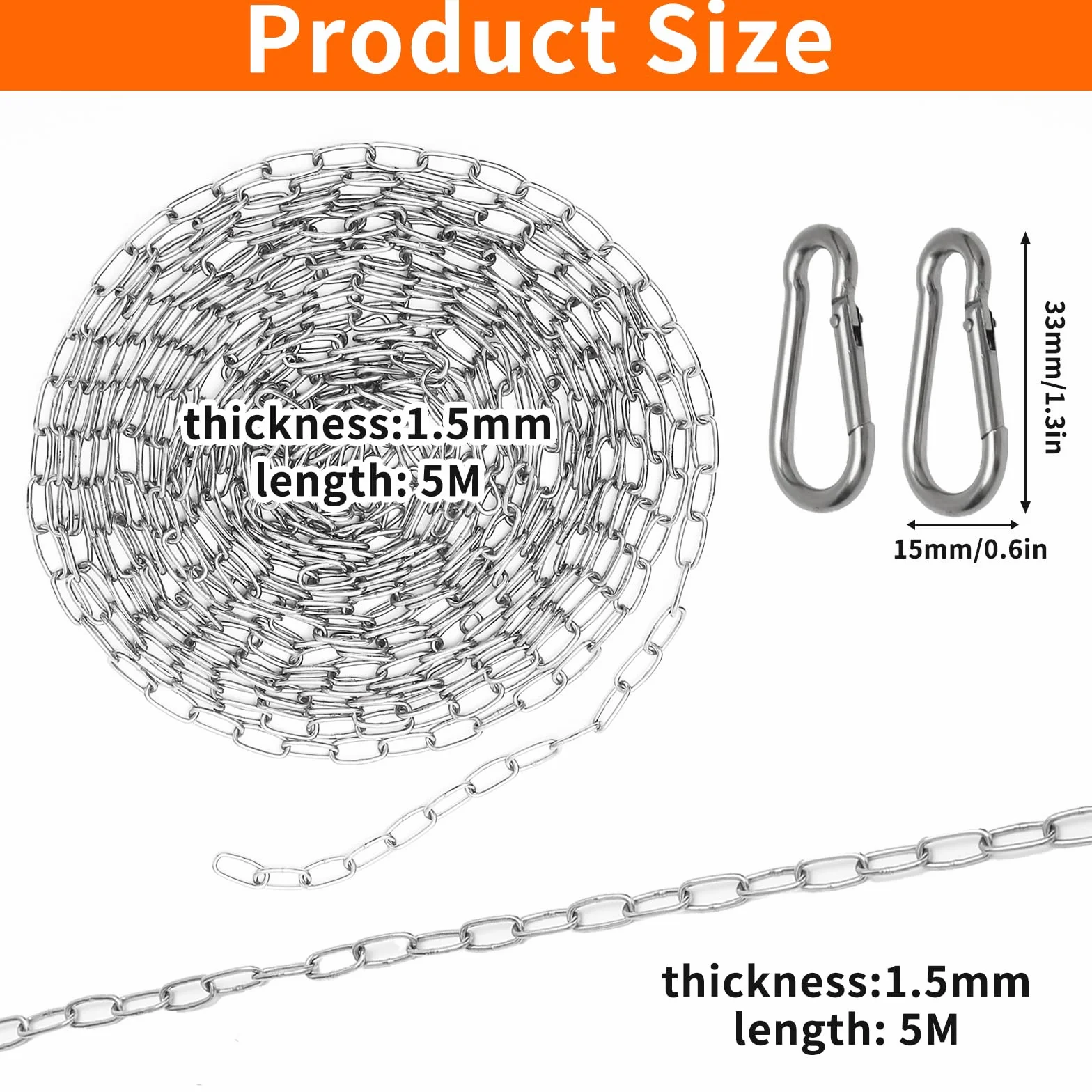 Łańcusz ze stali szlachetnej na metry 1,5mm, 6m stalowy łańcuch ogniwowy ze stali szlachetnej z karabińczykiem do zawieszenia łańcuch dla psa, łańcuszek-kotwica, łańcuch do prania, metalowy