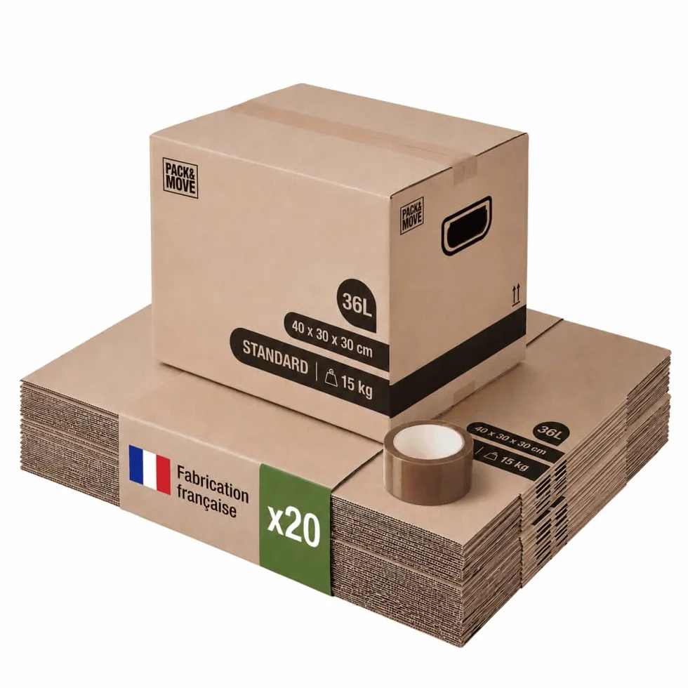 Lot de 20 cartons de déménagement 36L - 40x30x30 cm - Made in France - 70% FSC certifé - Pack & Move