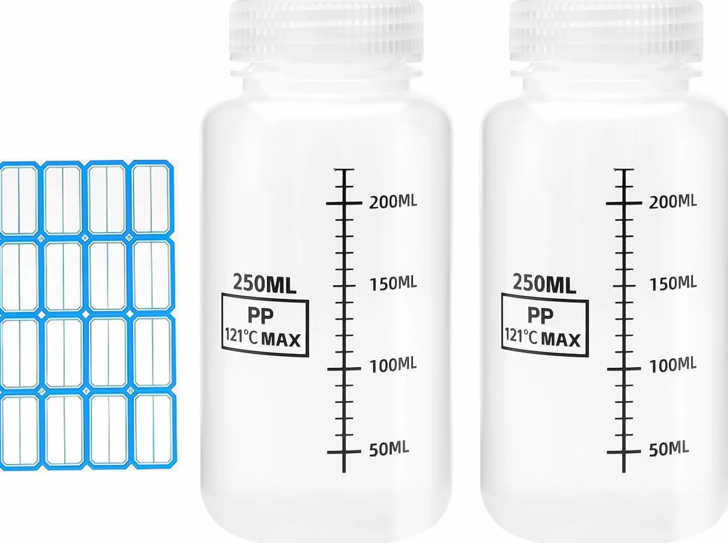 2 butelki z szeroką szyjką 250 ml – butelki laboratoryjne PP z zakrętką, skalą i etykietami, przechowywania środków chemicznych i płynów