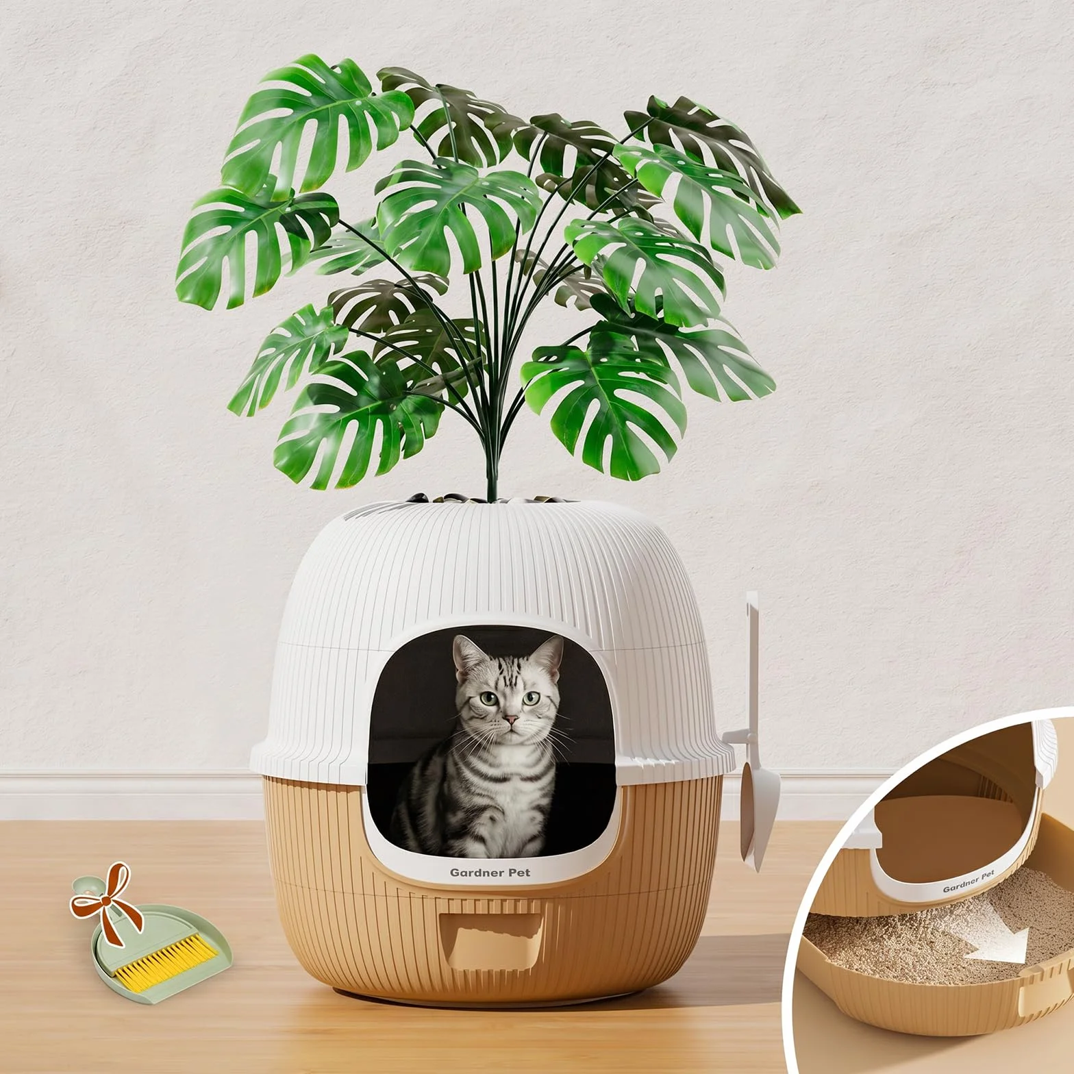 Gardner Pet Kuweta dla kota z sztuczną rośliną i łopatką, kuweta z filtrem węglowym przeciw zapachom, łatwe napełnianie, zbieranie i czyszczenie, szczelna konstrukcja - biały