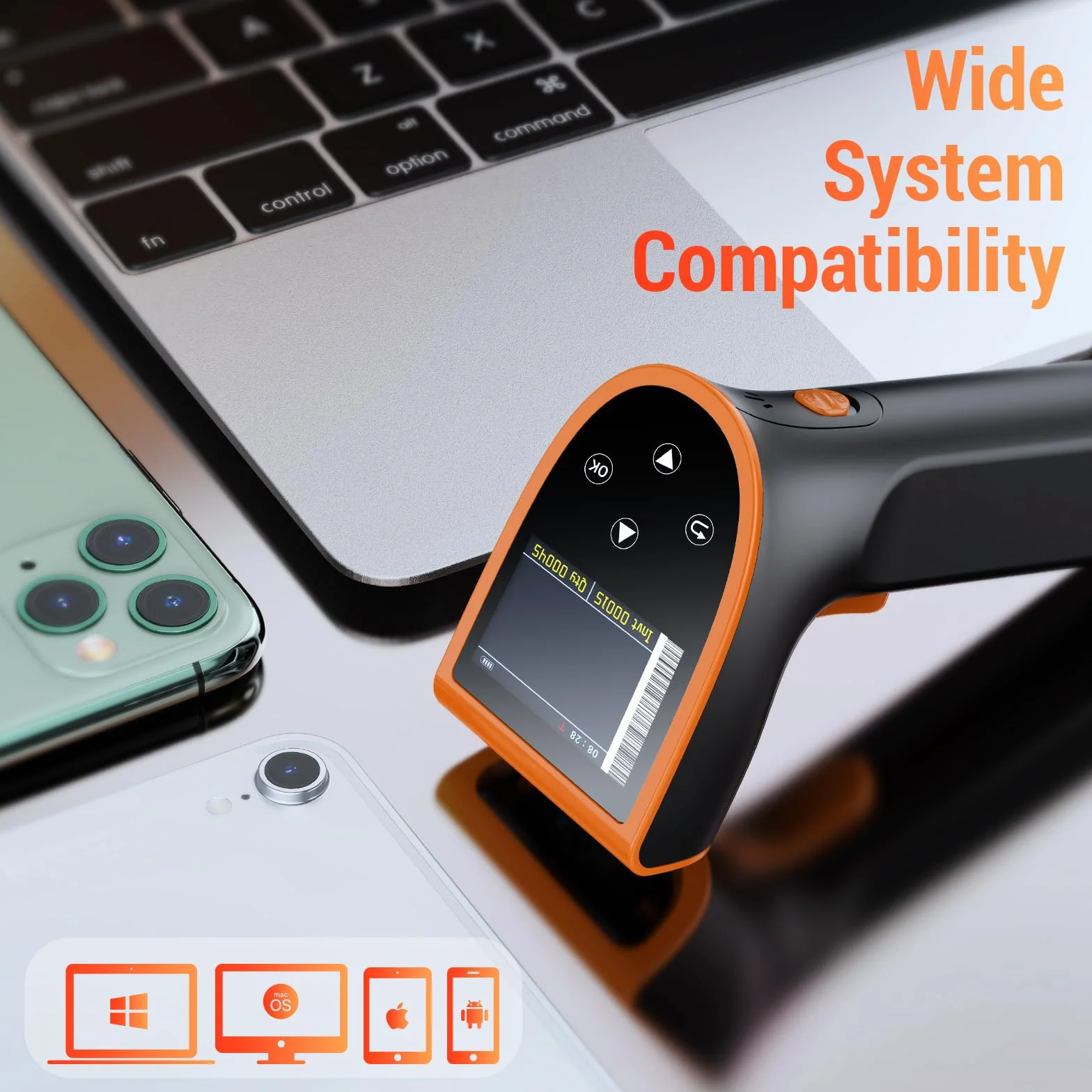Tera Skaner kodów kreskowych 1D 2D QR z cyfrowym ekranem ustawień i panelem przyciskowym, szybkie skanowanie, działa z Bluetooth 2.4G, bezprzewodowy i kabel USB, instrukcja obsługi w języku