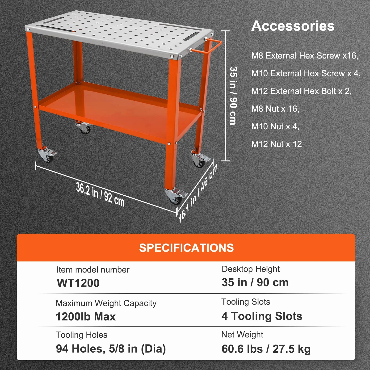 VEVOR Stół spawalniczy 91,4 x 45,7 cm Stół spawalniczy Obciążenie 544 kg Stół warsztatowy Stal na kółkach Hamulcowych 2 poziomy 4 szczeliny narzędziowe Otwory mocujące 1,6 cm do napraw spawania DIY