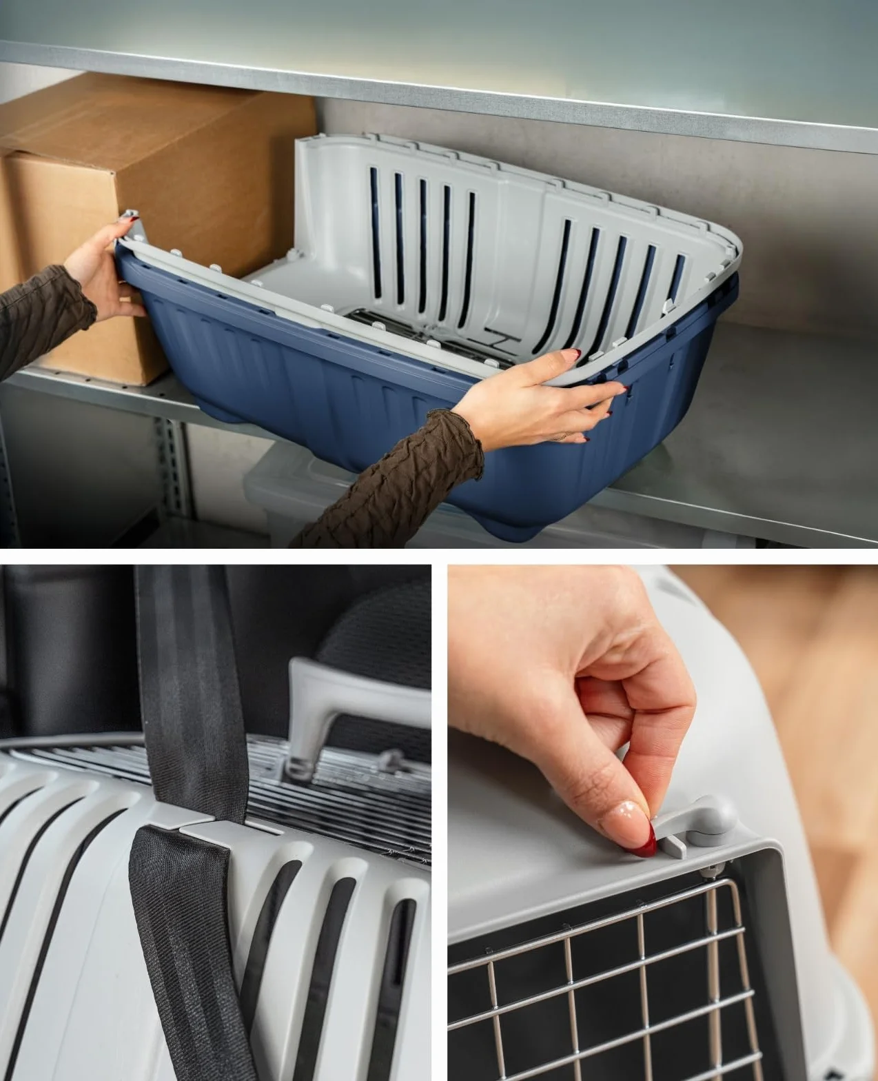 lionto Transporter dla psa z tworzywa sztucznego i kratką metalową, 58,5x35,5x40 cm, z uchwytem i zamknięciem, idealny także dla kota i małych zwierząt, do 15 kg, niebieski