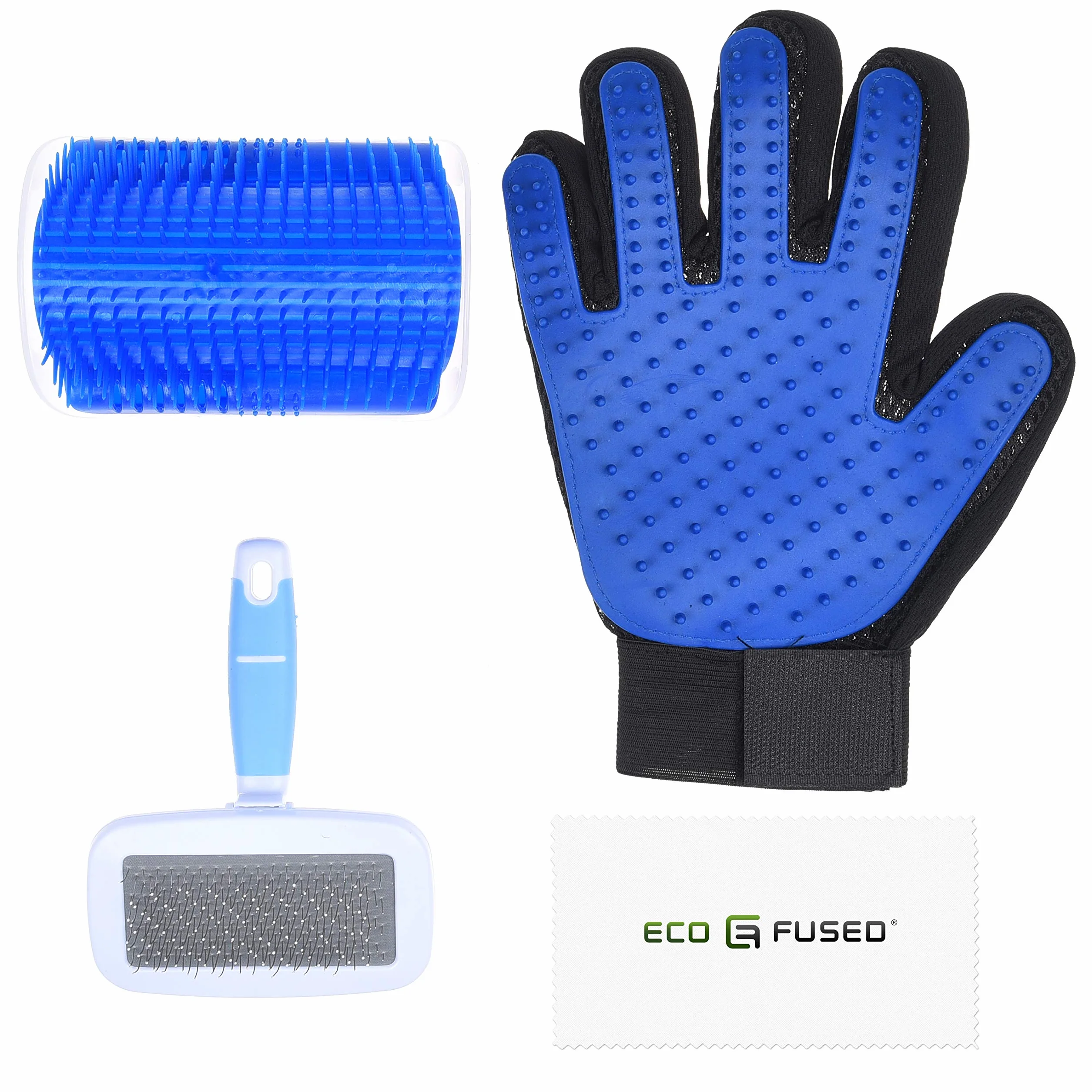 Eco-Fused Zestaw szczotek z eko-stopionym pędzelkiem dla kotów - 1x samooczyszczarka dla kota, 1x niebieska szczoteczka, 1 rękawica do pielęgnacji zwierząt (prawa ręka) -