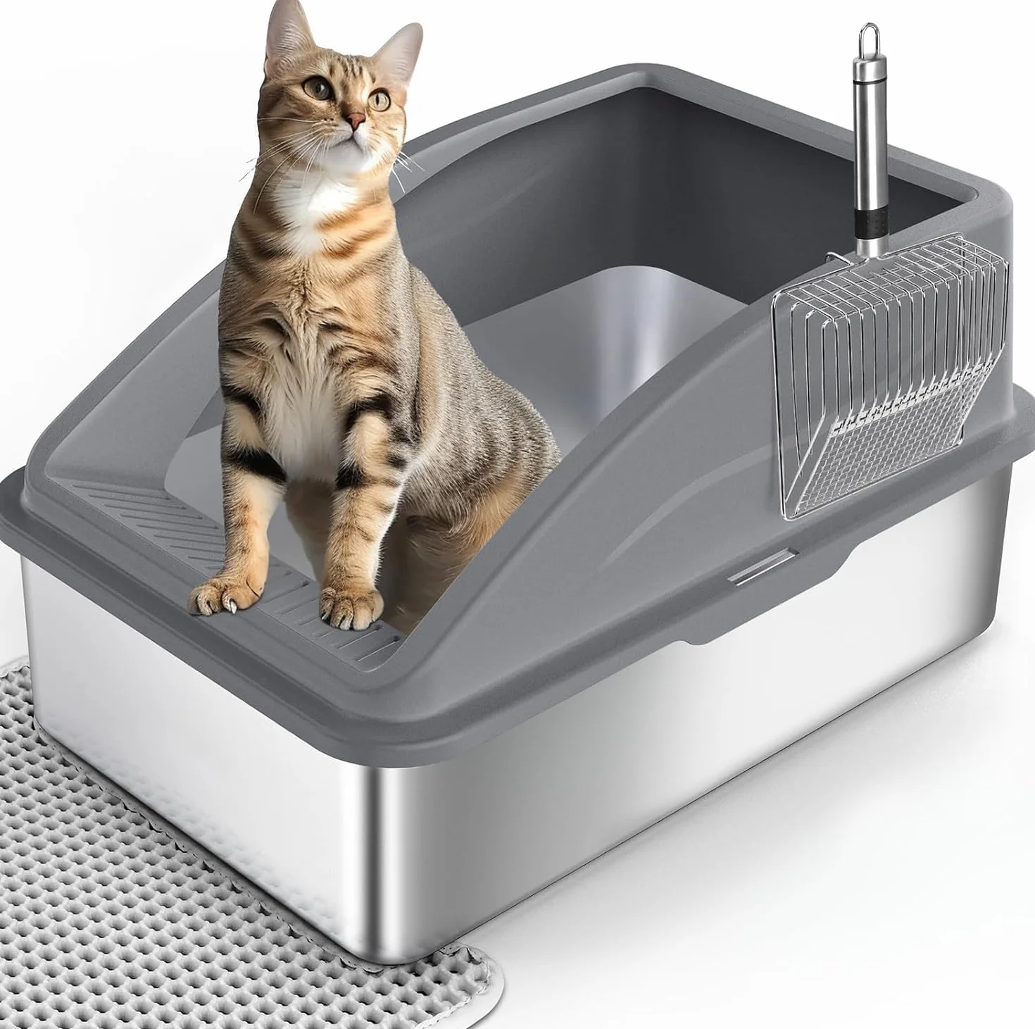 FURTIME XXL kuweta dla kota ze stali nierdzewnej, 30 l, duża szufelka dla kota ze stali nierdzewnej, matowa, podwójna warstwa, szczelna, XXL, 58 x 37 x 28,5 cm