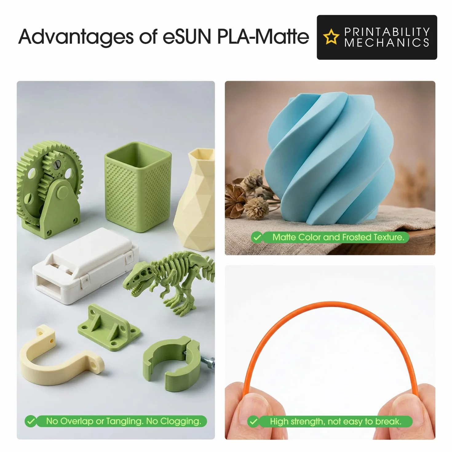 eSUN Upgraded Matte PLA Filament 1.75mm, matowy filament PLA do drukarek 3D, kolor bez połysku, matowa tekstura, 1 kg na szpulę, 2 szpule do drukarek 3D, Ciemny czarny