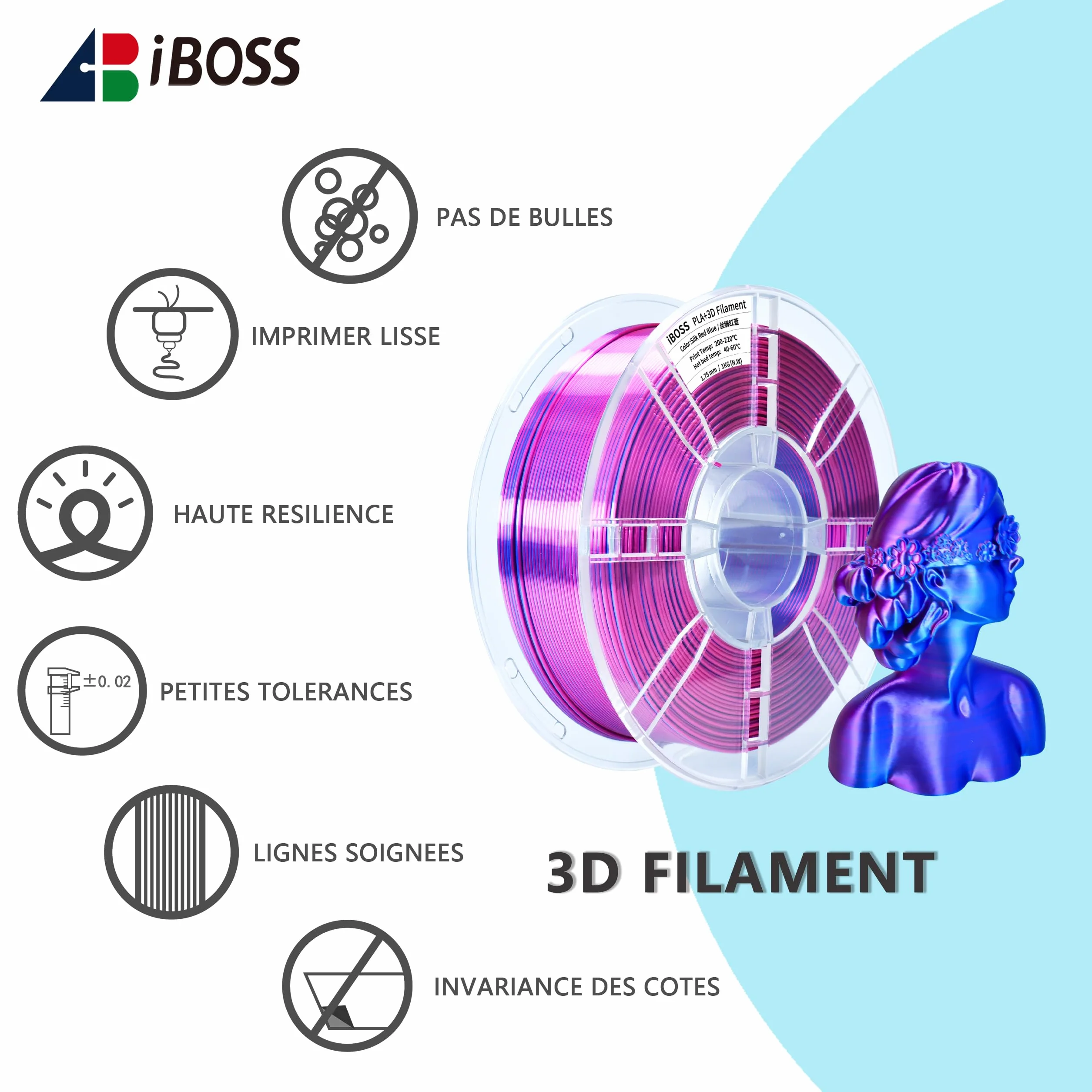 iBOSS PLA PLUS Filament 1,75 mm dwukolorowy jedwabny 1 kg czerwony niebieski