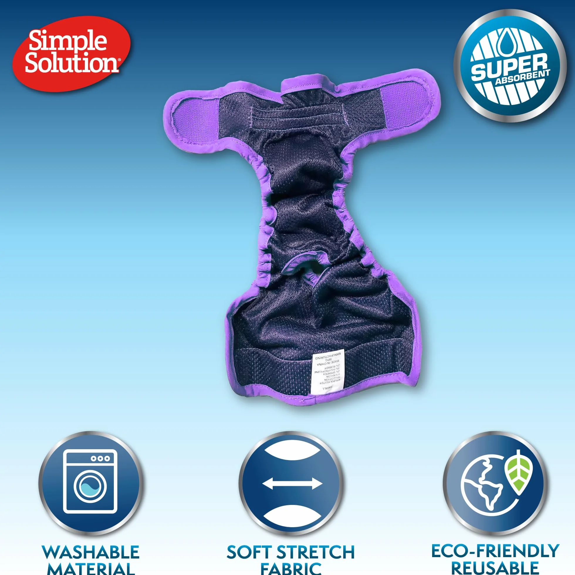 Simple Solution Zmywalne pieluchy dla psów wielokrotnego użytku, Absorbent z szczelnym dopasowaniem - 1 pieluszka dla psa Średni
