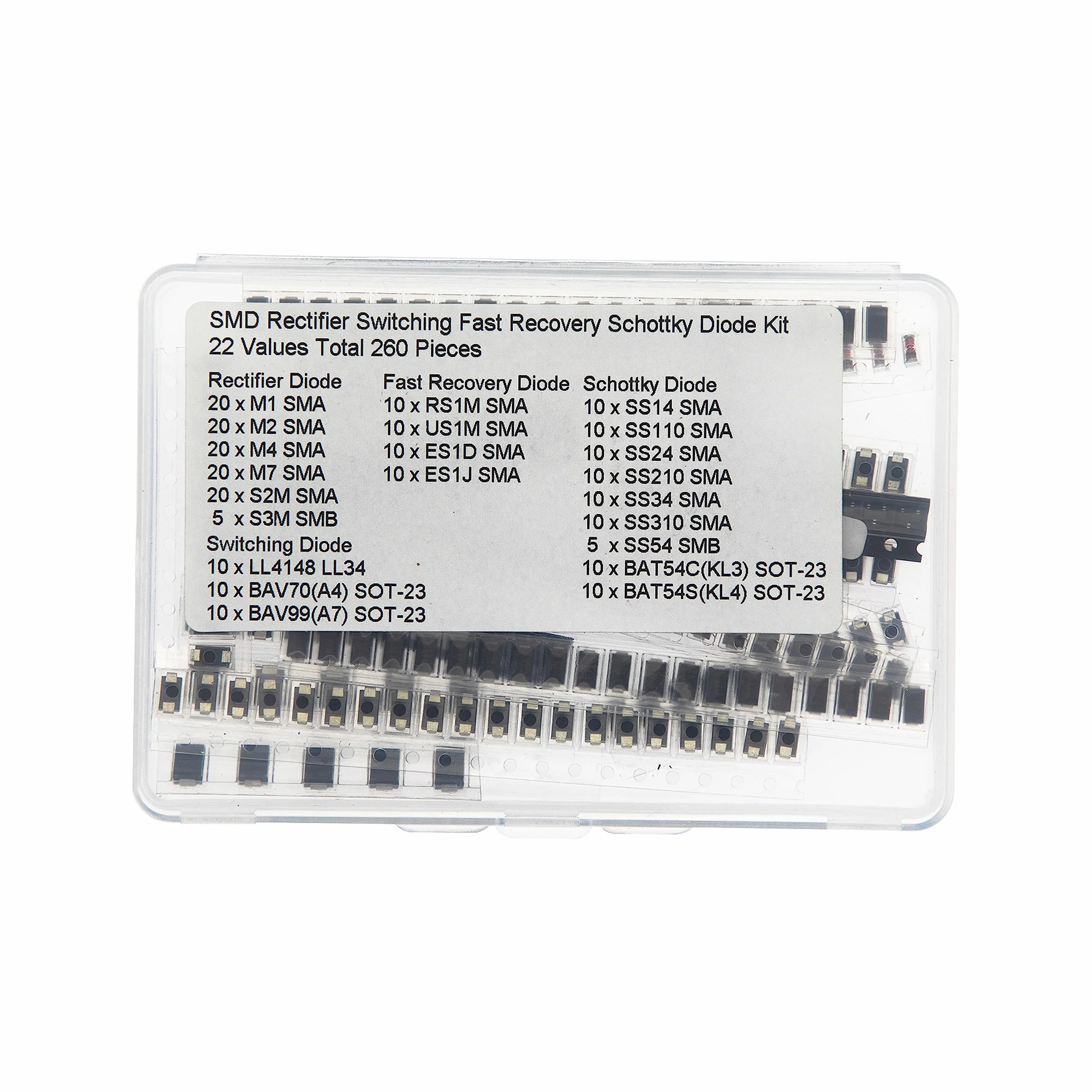 Zestaw 260 sztuk Dioda prostownicza SMD Fast, dioda regeneracyjna, dioda Schottky'ego, dioda przełączająca