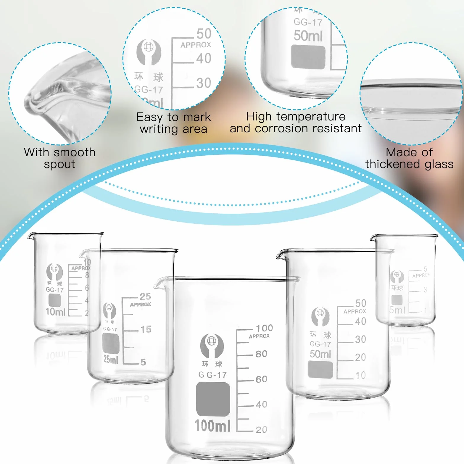 5 sztuk mini miareczek 100ml 50ml 25ml 10ml 5ml, zlewka z miarką, szkło borosilikatowe mini miarka z miarkowanym kroplomierzem i naklejką z etykietą, zlewka do laboratorium