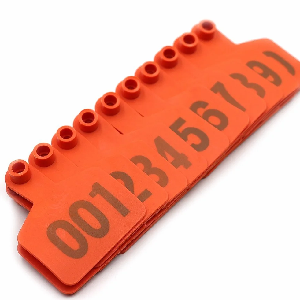 MasXirch Plastikowe etykiety do uszu z numerami 001-100 dla zwierząt gospodarskich, etykiety identyfikacyjne dla krów, bydła, owiec, kóz i świń (pomarańczowe)