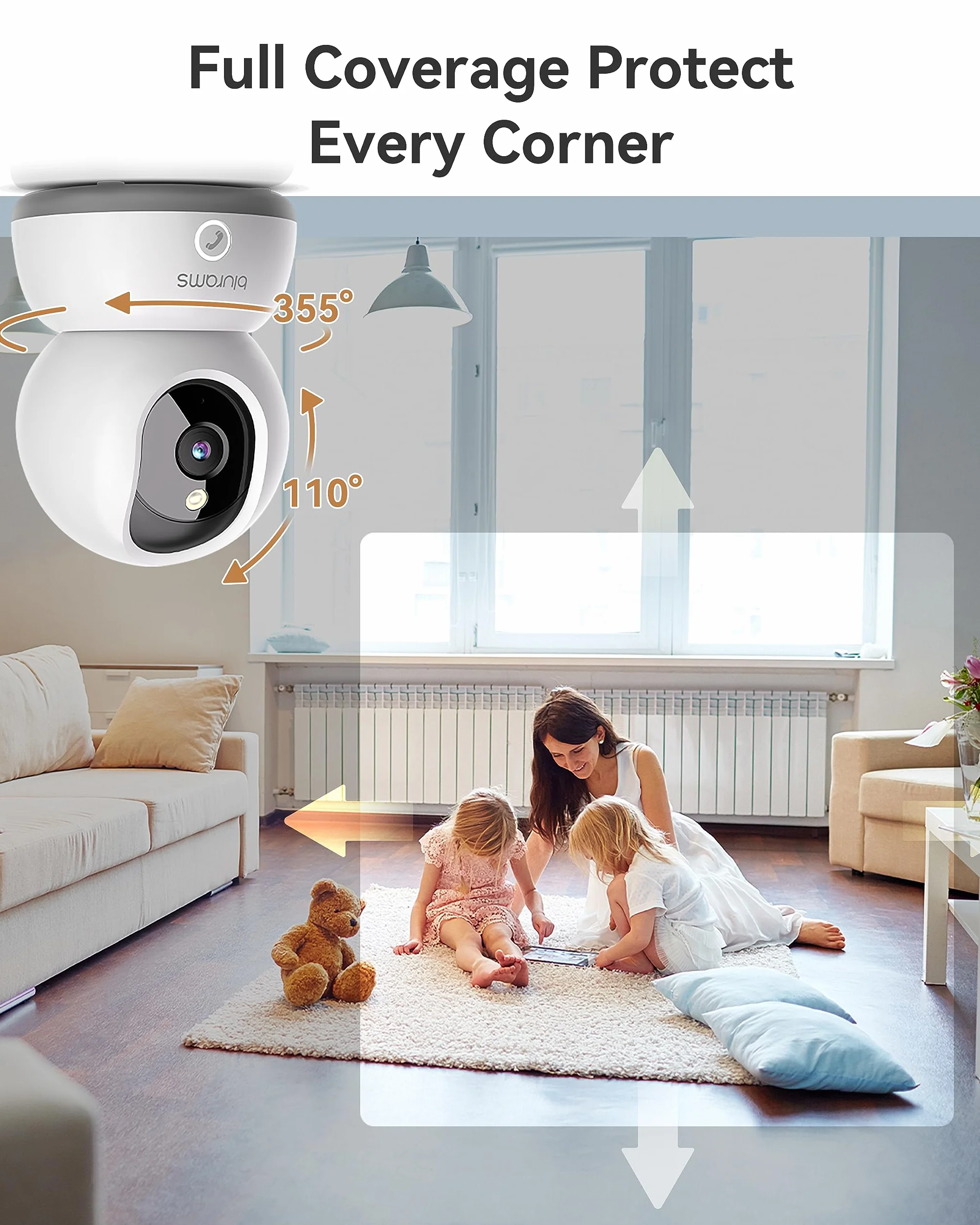 blurams Wewnętrzna kamera nadzorująca WiFi 2K, kamera dziecięca 360°, wewnętrzna kamera dla niemowląt/zwierząt, noktowizor, połączenie jednym przyciskiem, dwukierunkowy dźwięk, kompatybilna z Alexa i
