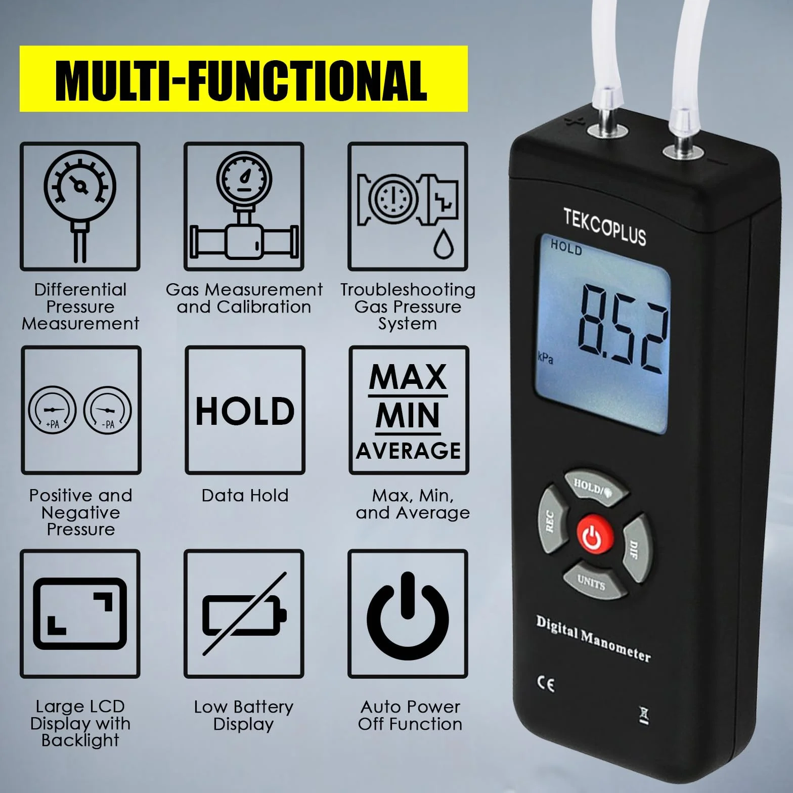Cyfrowy manometr HVAC 13,78 kPa 2PSI 11 jednostek podświetlenie tester ciśnienia różnicowego