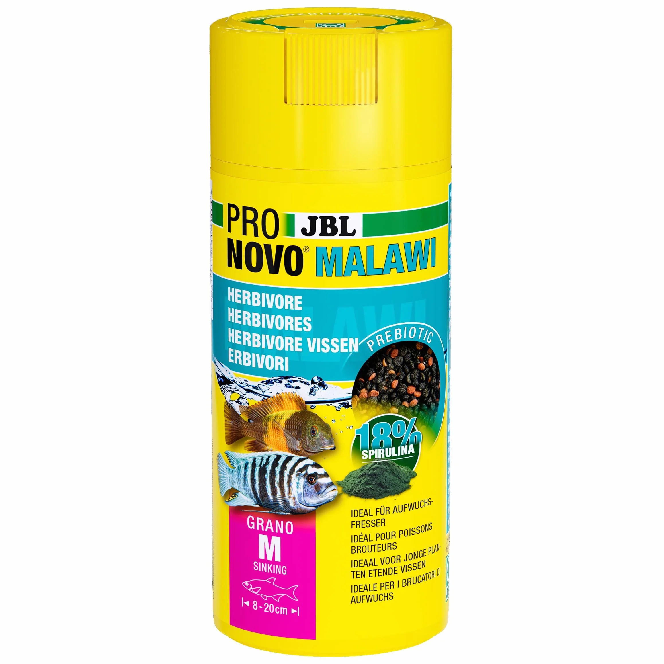 JBL PRONOVO MALAWI GRANO, główny pokarm dla wszystkich pielęgnic 8-20 cm, dozownik na klik, granulat do karmy dla ryb, rozmiar M, 250 ml